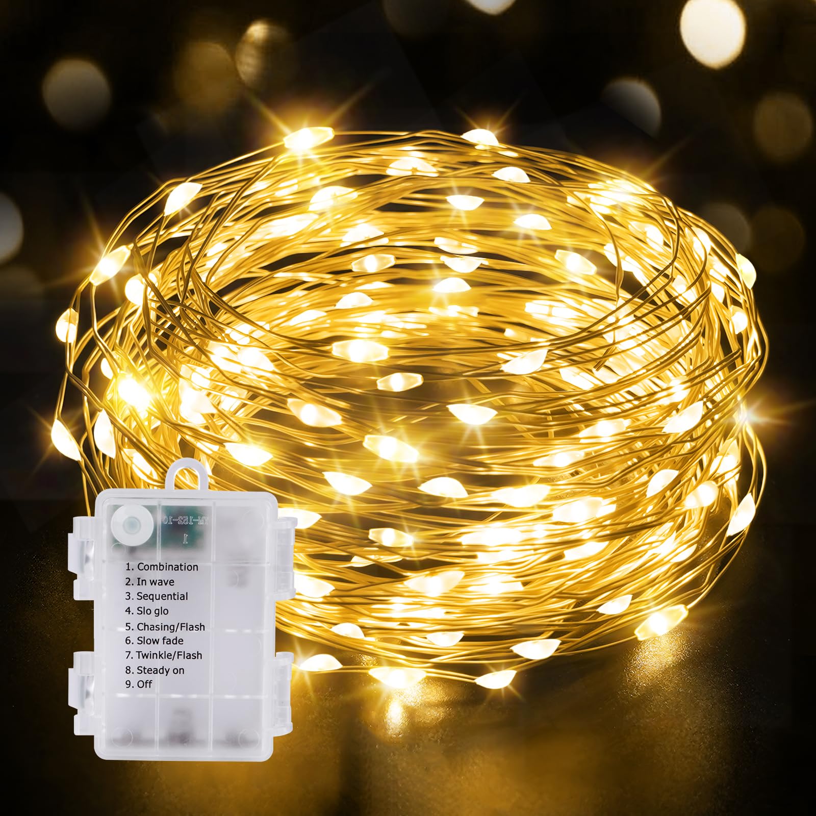 KNONEW 16.4FT Battery Operated LED Fairy Lights - 50 Warm White Copper Wire String Lights with 8 Lighting Modes | Waterproof Indoor Outdoor Decoration for Weddings, Bedrooms, Parties, Gardens and Home Decor