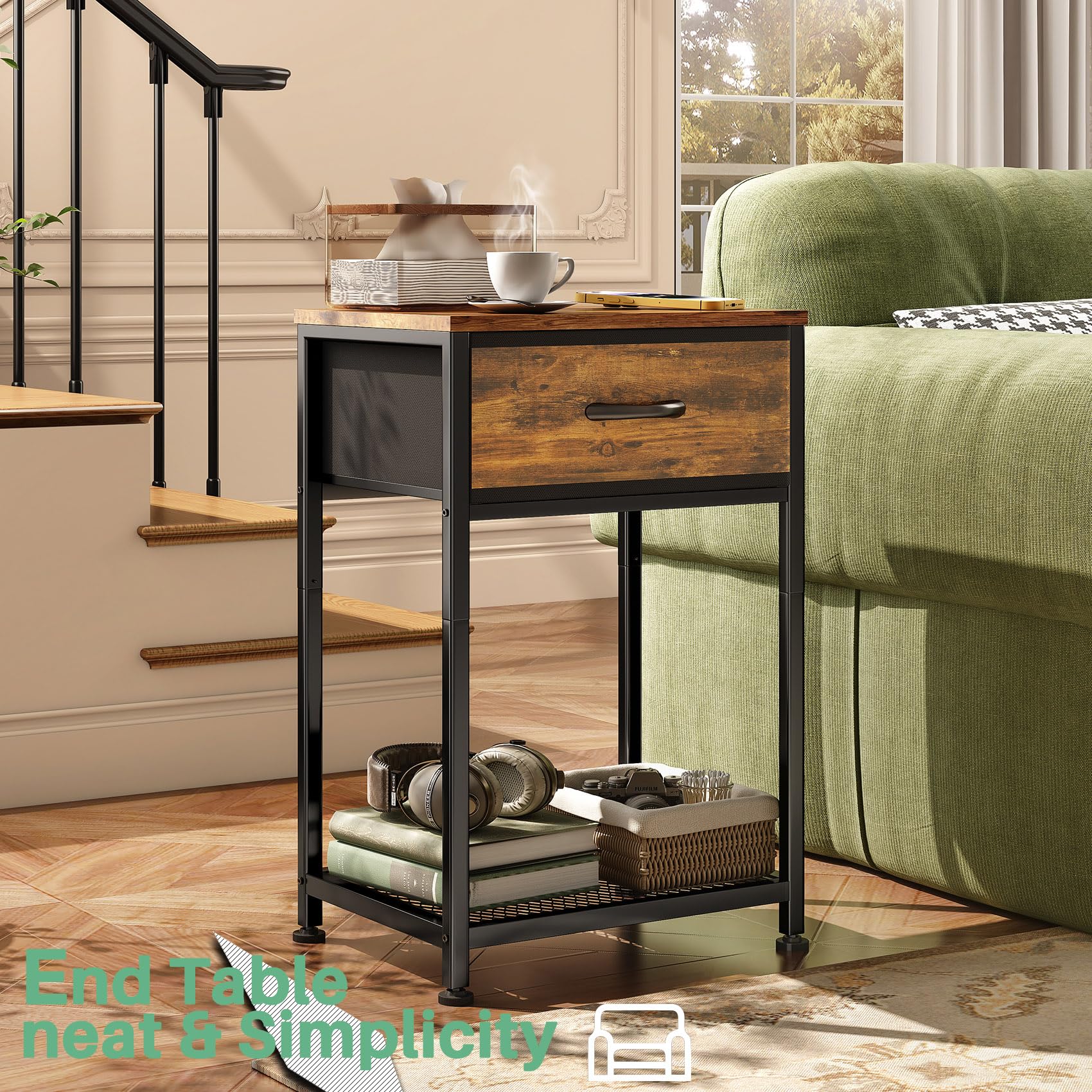Kitstorack Night Stands Set of 2 - Rustic Brown Wood End Tables with Drawer for Bedroom, Living Room & Office - Modern Bedside Nightstands for Home Decor