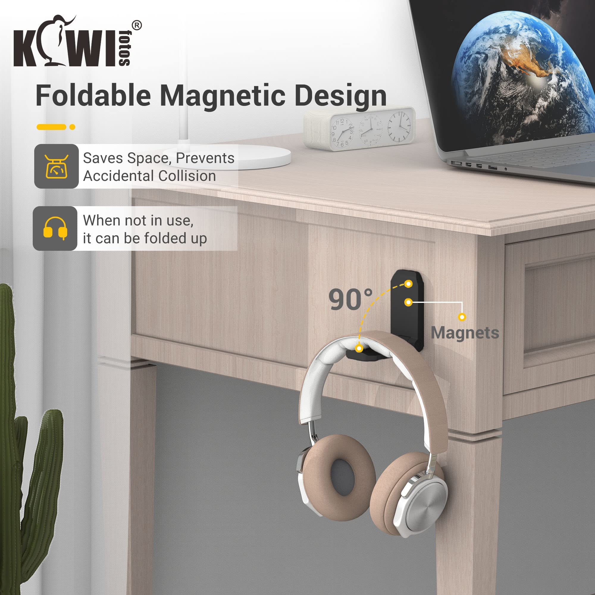 KIWIFOTOS 2 Pack Adhesive Headphone Hanger - Under Desk & Wall Mount Headset Holder for Gaming, Office & Home Use - Foldable Hook Stand for PC, PS5, Xbox Accessories (Black)