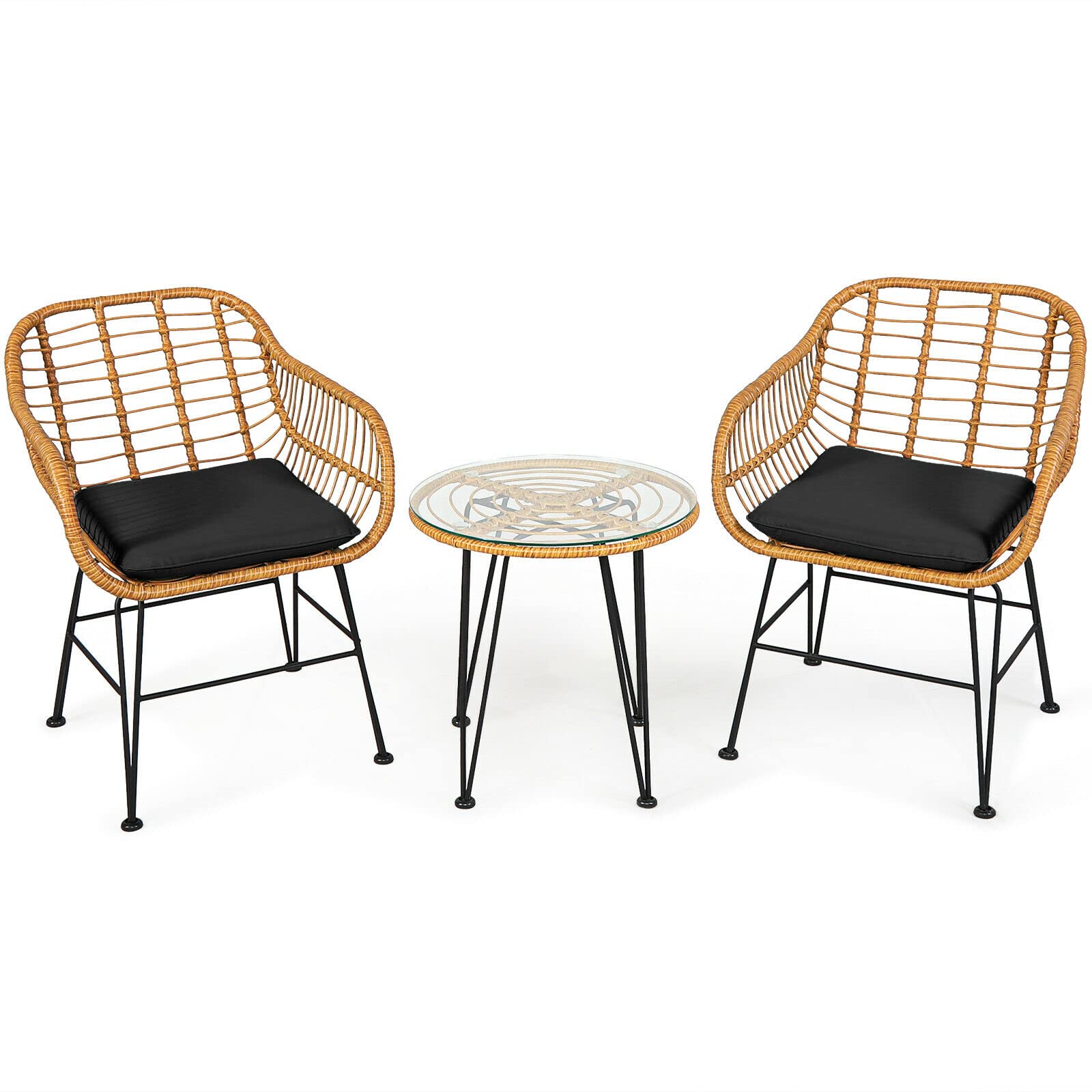 3-Piece Black Patio Rattan Bistro Set - Outdoor Conversation Furniture with Tempered Glass Tabletop, Heavy-Duty Steel Frame & Sponge-Padded Cushions - Ergonomic Wide Backrest & Curved Armrest Design - Perfect for Garden, Balcony, and Poolside Relaxation
