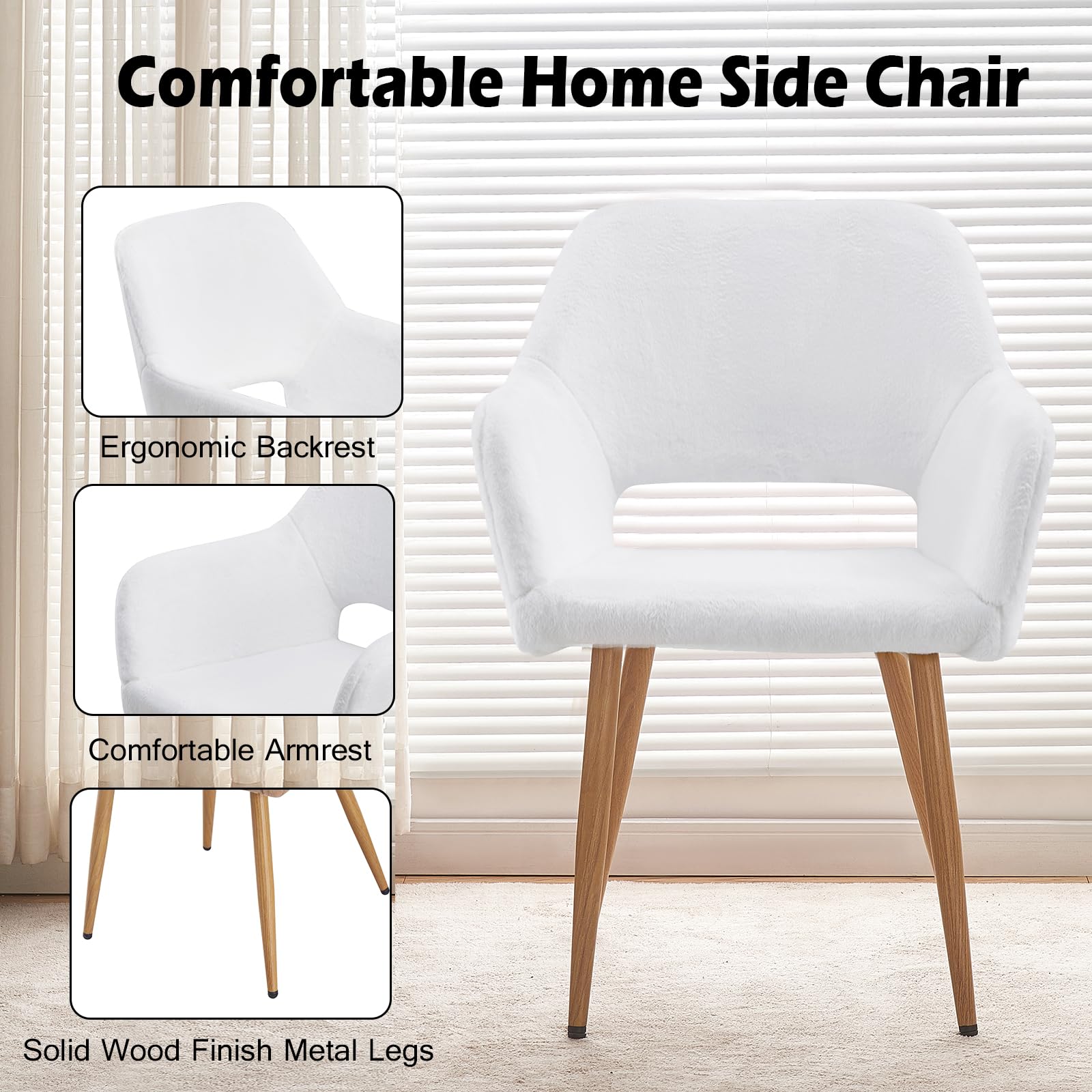 Henf White Faux Fur Office Chair - Modern Upholstered Armchair with Wood Legs for Desk, Dining, Living Room & Vanity | Comfortable & Stylish Home & Office Seating