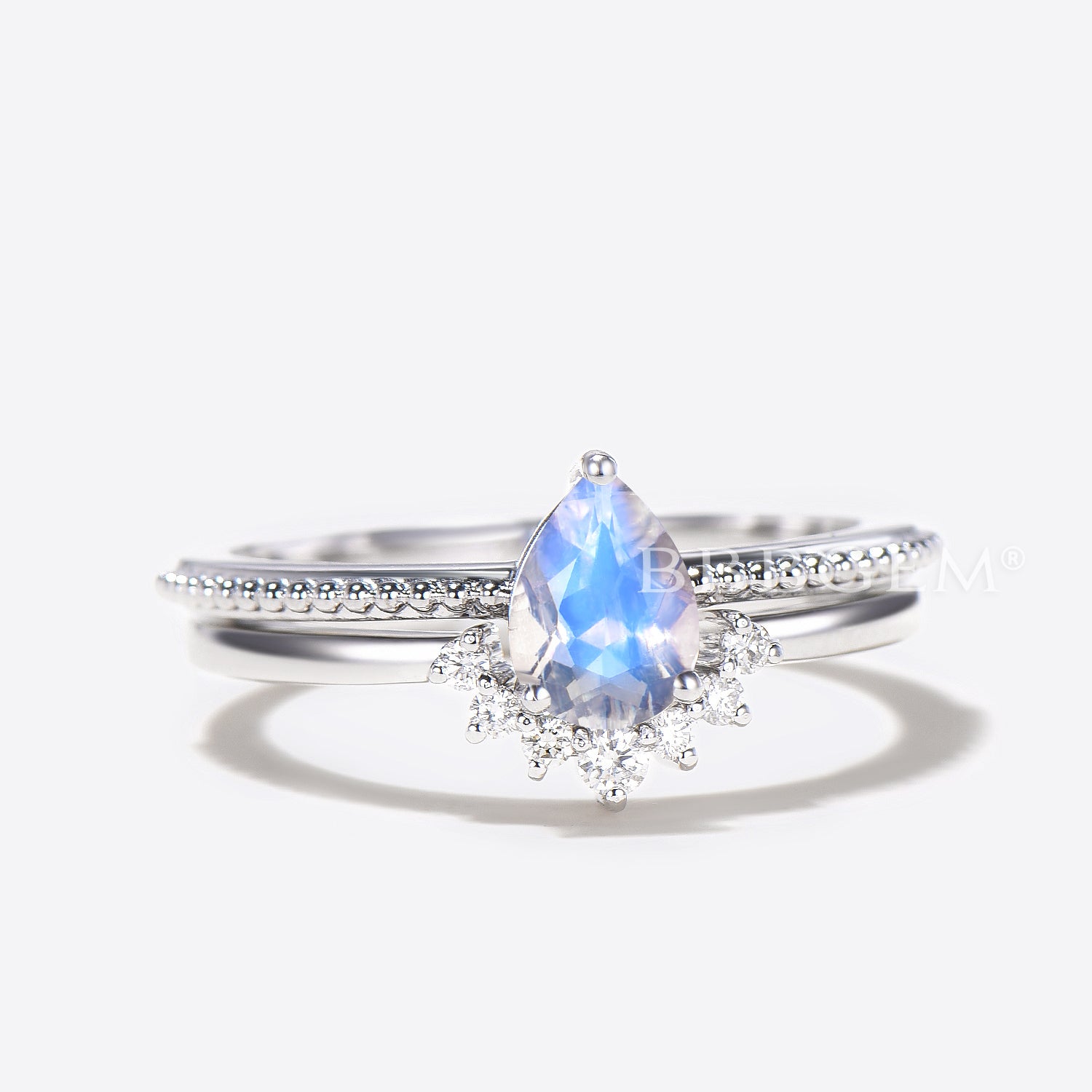 Genuine Moonstone Diamond Engagement Ring Set with Solitaire Rainbow Pear Cut - Perfect for Proposals, Weddings & Anniversary Gifts
