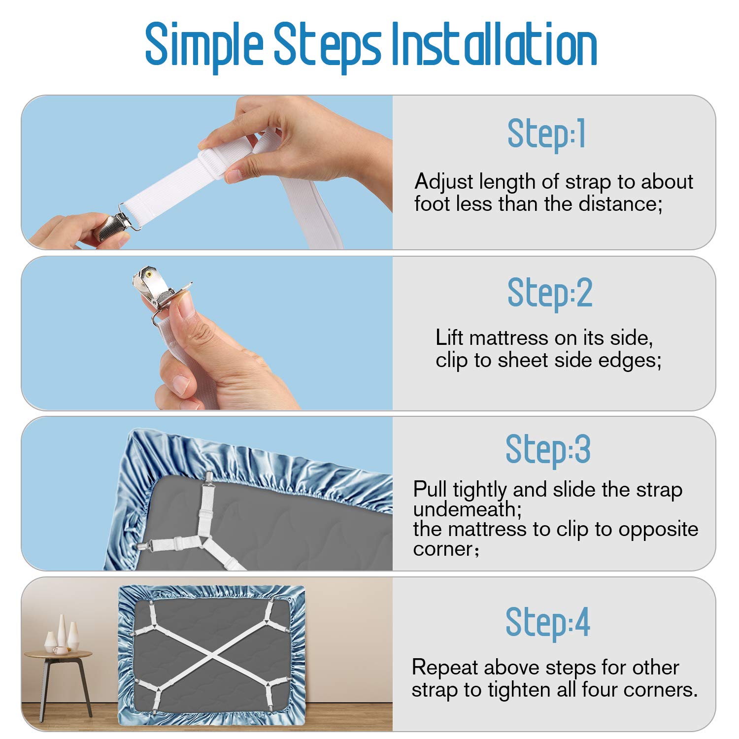 WADEO 2 Pack Adjustable Cross Bed Straps with Side Pull, Mattress Clips & Fasteners - Universal Fit for All Square Mattresses (White) - Perfect for Bedding Security & Mattress Stabilization