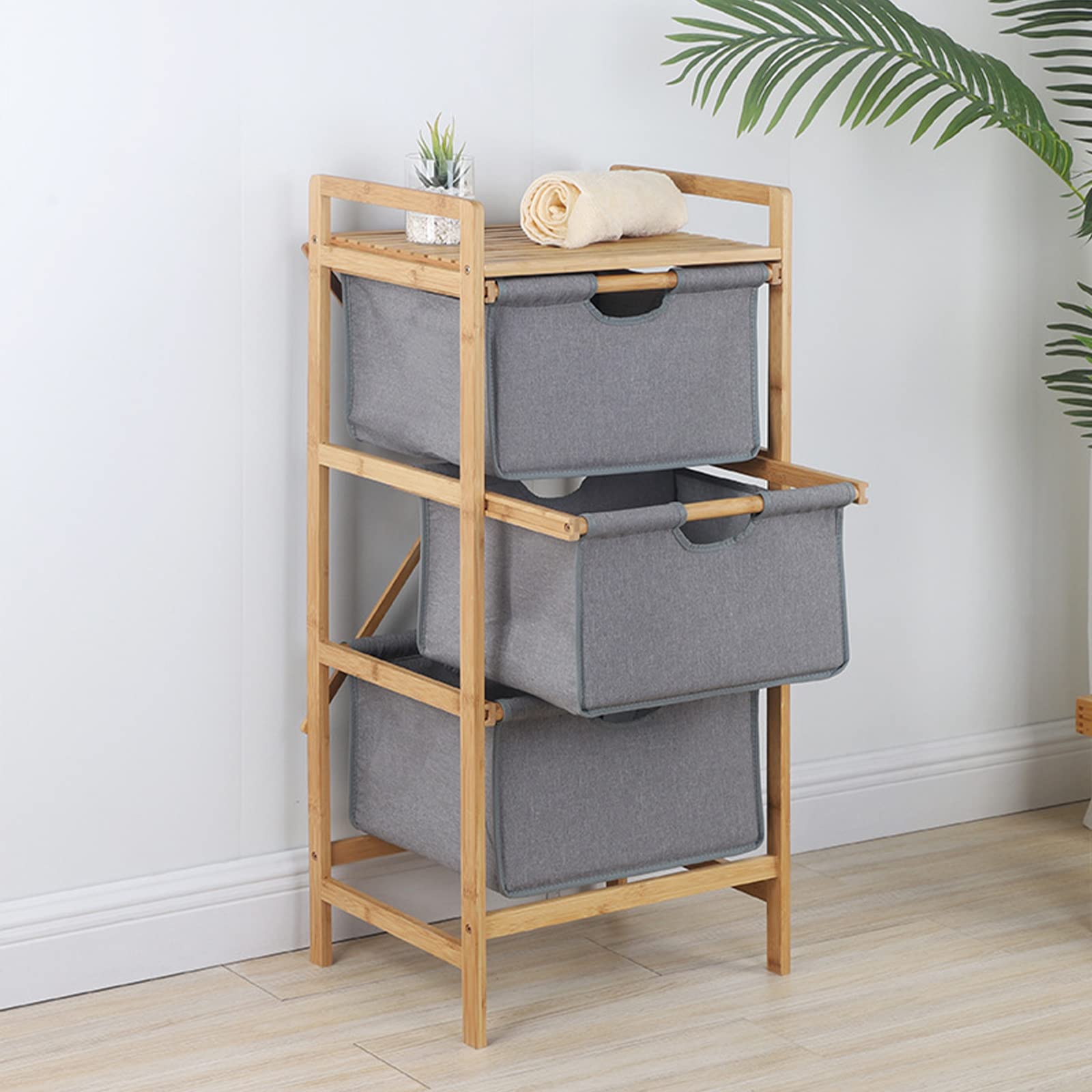 3-Tier Bamboo Frame Storage Drawers with Fabric Baskets - Grey Organizer for Bedroom, Closet, Nursery (37.8