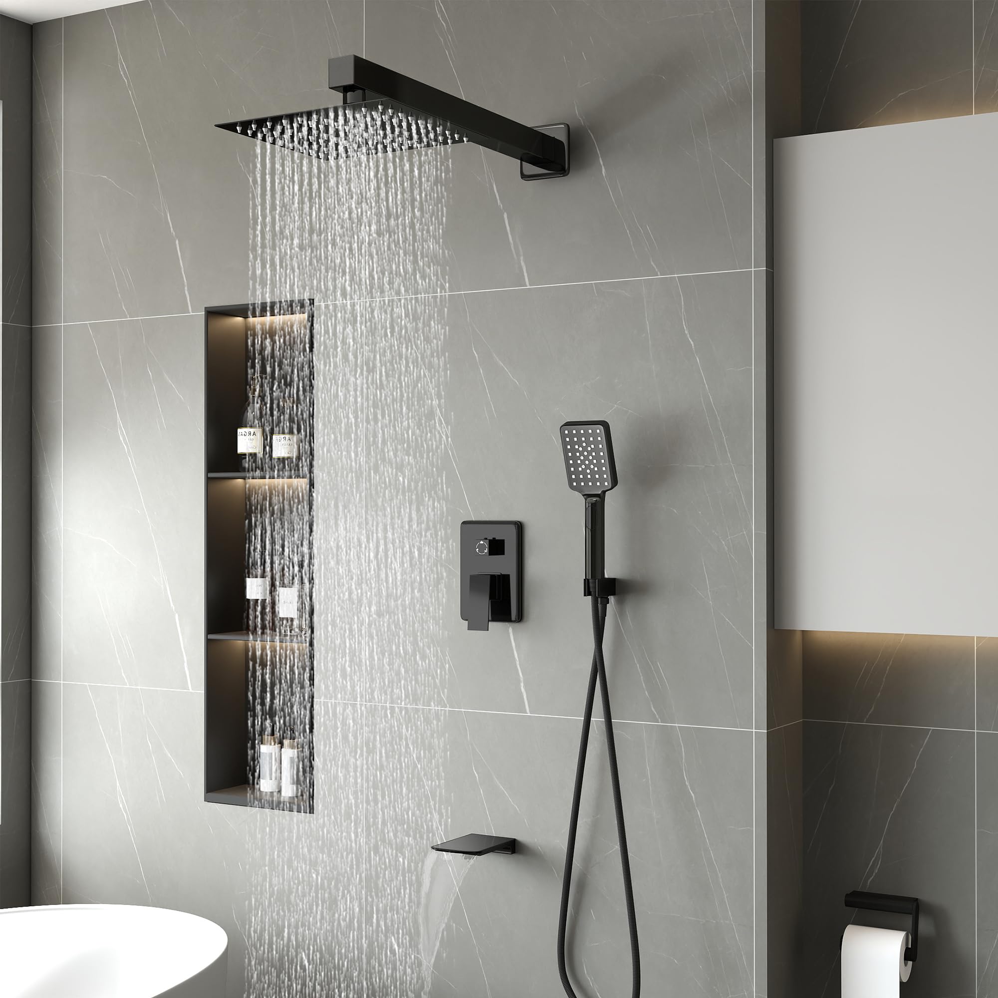 Premium Matte Black Shower Faucet Set - 10 Inch Square Rainfall Shower Head, 3-Function Handheld Shower & Waterfall Bathtub Spout - Complete Wall Mounted Bathroom Shower System for Luxurious Spa Experience at Home