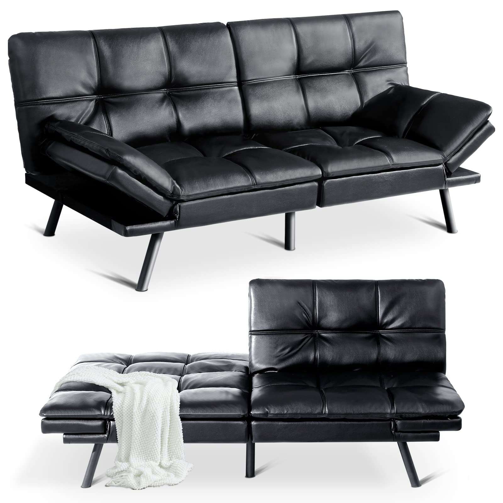 Modern Convertible Futon Sofa Bed with Memory Foam - Adjustable Armrests Sleeper Loveseat for Living Room, Office & Small Spaces - Perfect for Apartments, Dorms and Studio Use as Guest Bed or Daybed