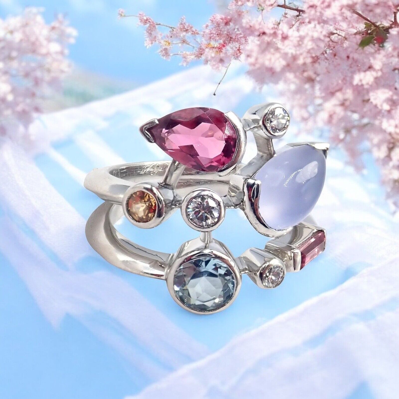 Authentic Cartier Meli Melo Platinum Ring with Chalcedony, Tourmaline, Garnet & Diamonds - Elegant Jewelry for Weddings, Anniversaries & Special Occasions