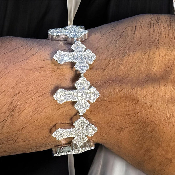 Moissanite Cross Link Bracelet for Men - 925 Sterling Silver & 14K Gold Plated - Elegant Religious Jewelry Gift for Him - Perfect for Church, Weddings & Special Occasions