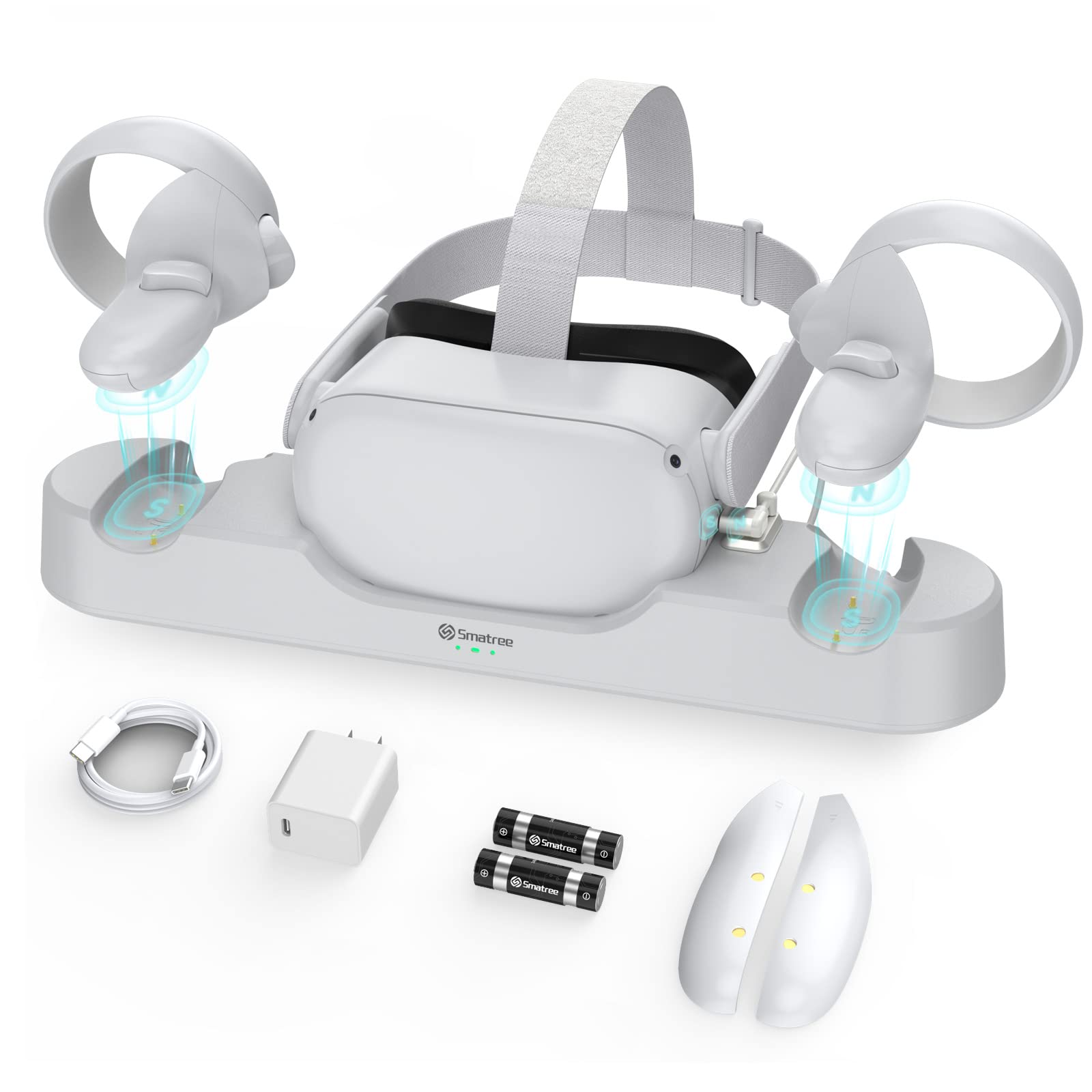 Smatree VR Charging Station for Oculus Quest 2 - Elite Strap with Battery Compatible, Includes 2 Rechargeable Batteries, Headset & Controller Stand, 20W PD Charger - Perfect for Gaming Setup & VR Accessories Organization