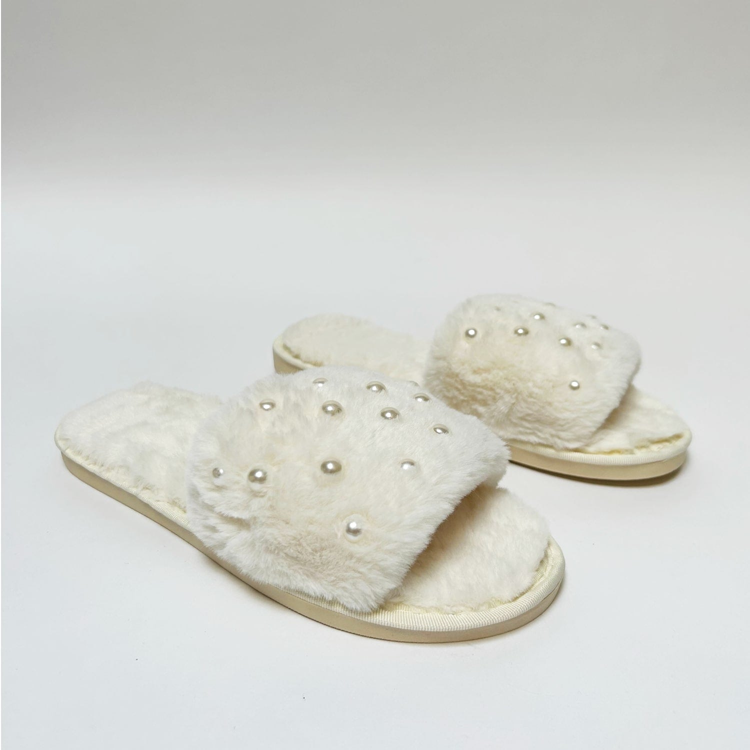 FLOOF Women's Pearl Embellished Comfort Slippers - Soft Cream House Shoes for Relaxing at Home & Spa Days