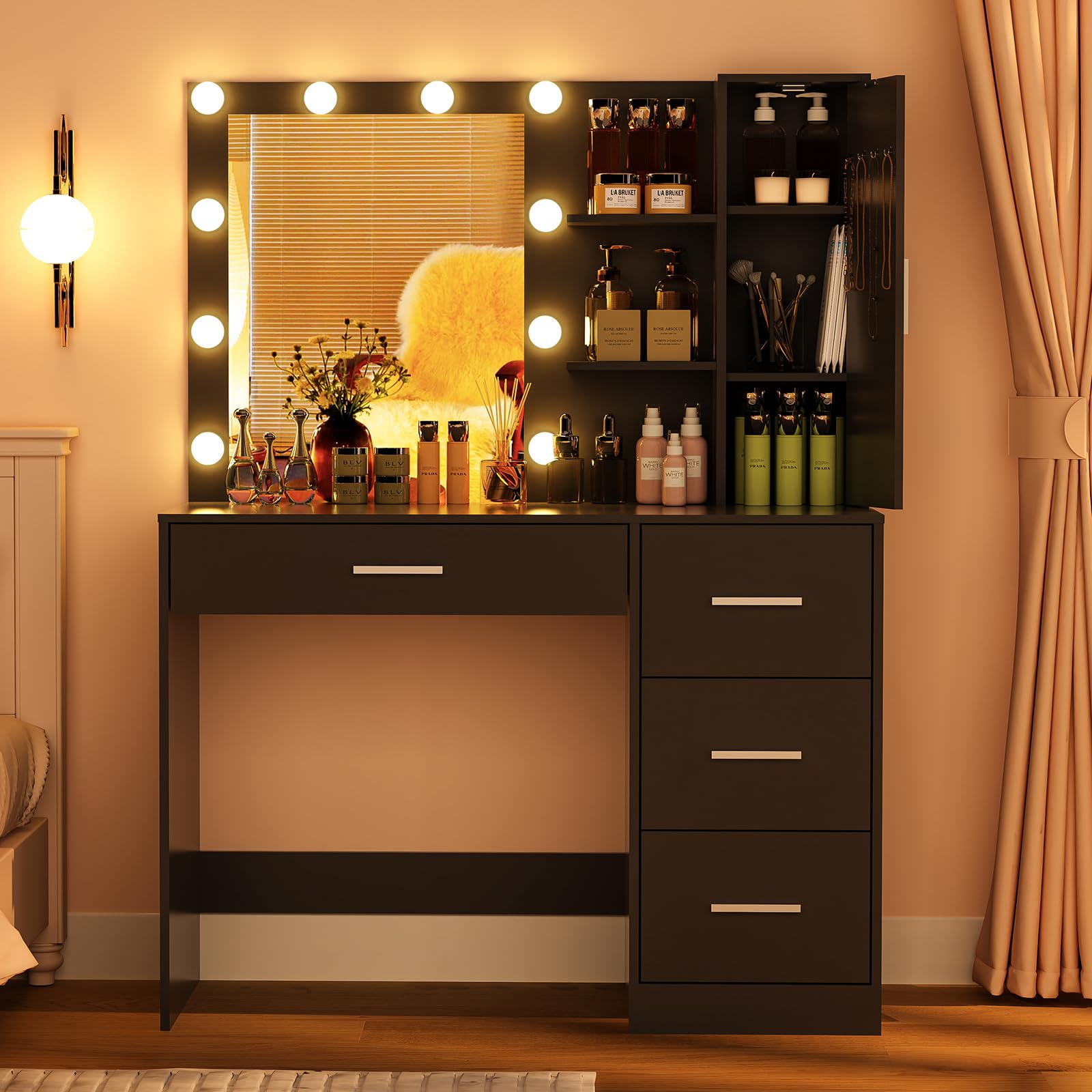 USIKEY Makeup Vanity with LED Lights - 10 LED Lighted Dressing Table with Mirror, 4 Drawers, Cabinet & Necklace Hooks - Black Bedroom Vanity Set for Women | Perfect for Makeup Application, Jewelry Storage & Home Decor