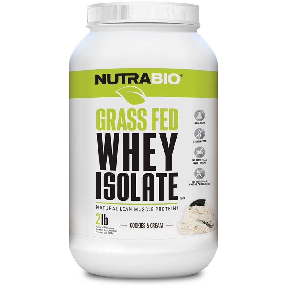 NutraBio Grass Fed Whey Isolate Protein Powder - 25G Protein Per Scoop, Sugar Free, Natural Lean Muscle Supplement - Cookies & Cream Flavor - 2LB (29 Servings) for Post-Workout Recovery & Muscle Growth