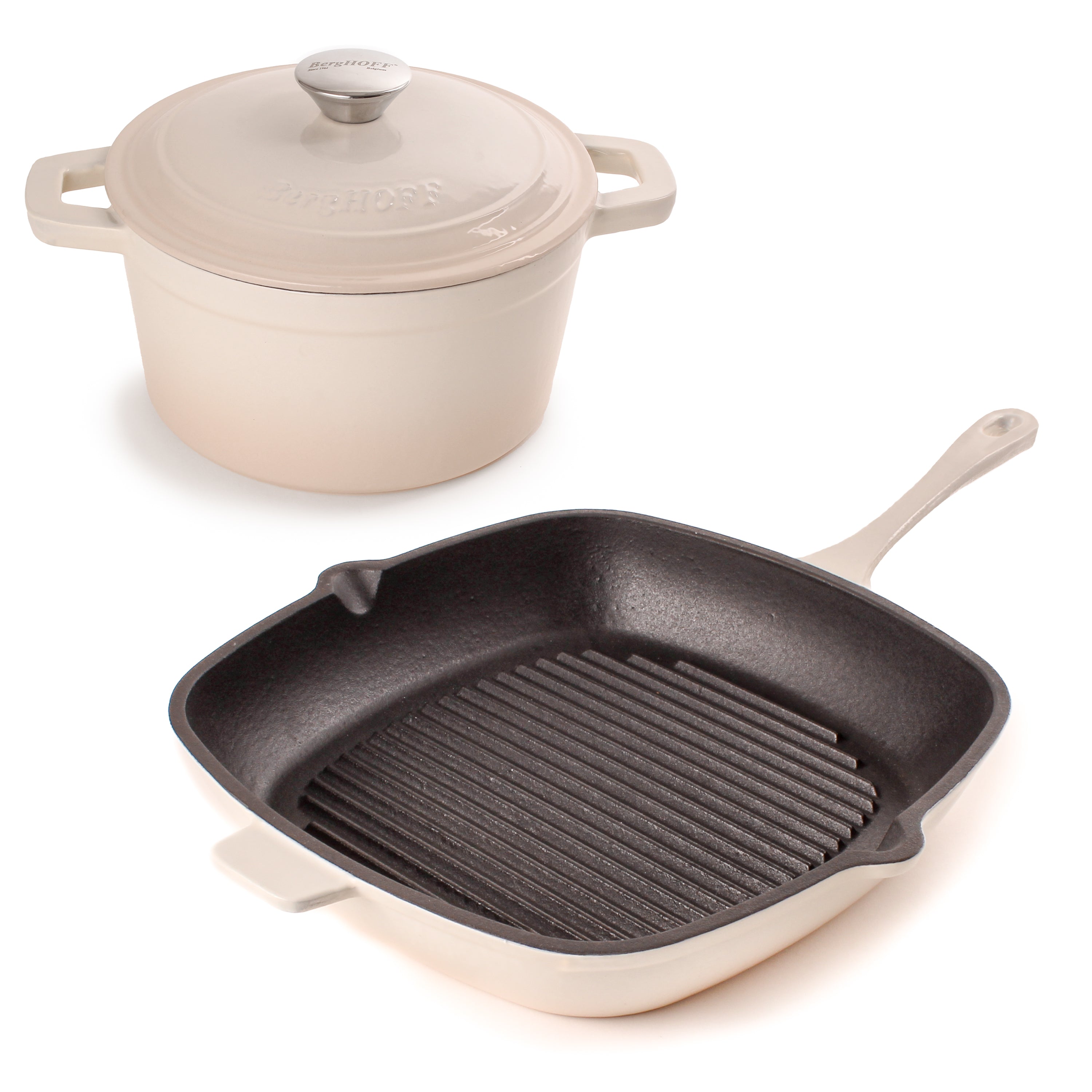 BergHOFF Neo 3-Piece Cast Iron Cookware Set - Grill Pan & Round Dutch Oven for Stovetop, Oven & Outdoor Cooking | Perfect for Braising, Roasting & Grilling | Durable Enameled Cast Iron Cookware