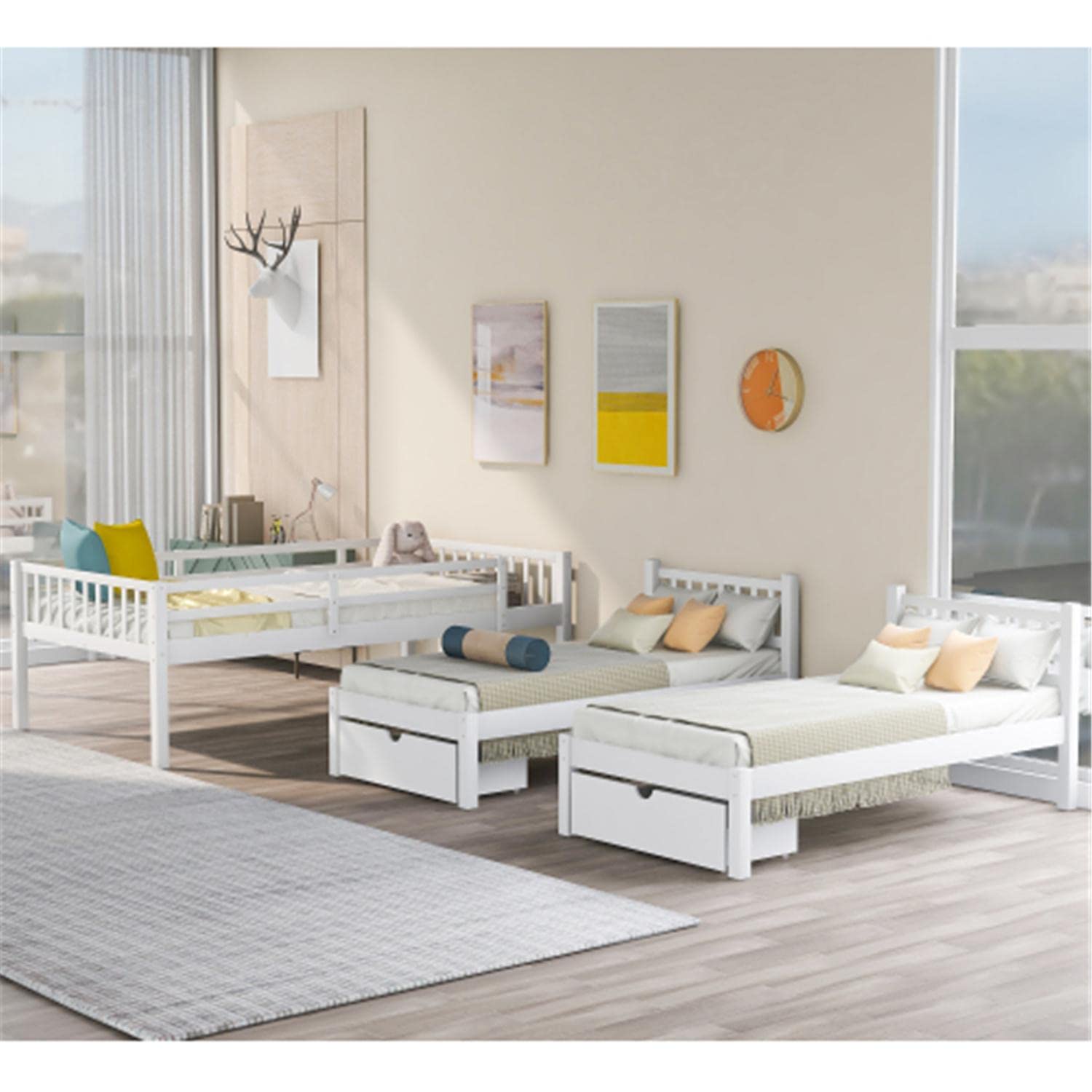 Full Over Twin & Twin Triple Bunk Bed Frame with Storage Drawers - Space Saving Design with Inclined Ladder - White - Perfect for Kids' Bedrooms, Vacation Homes & Small Spaces