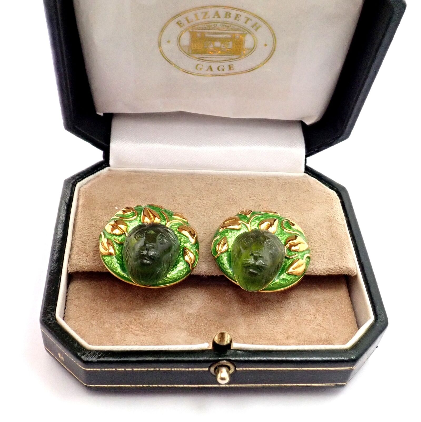 Elizabeth Gage 18k Yellow Gold Carved Green Tourmaline Enamel Lion Earrings - Luxury Statement Jewelry for Women, Perfect for Parties, Weddings & Special Occasions