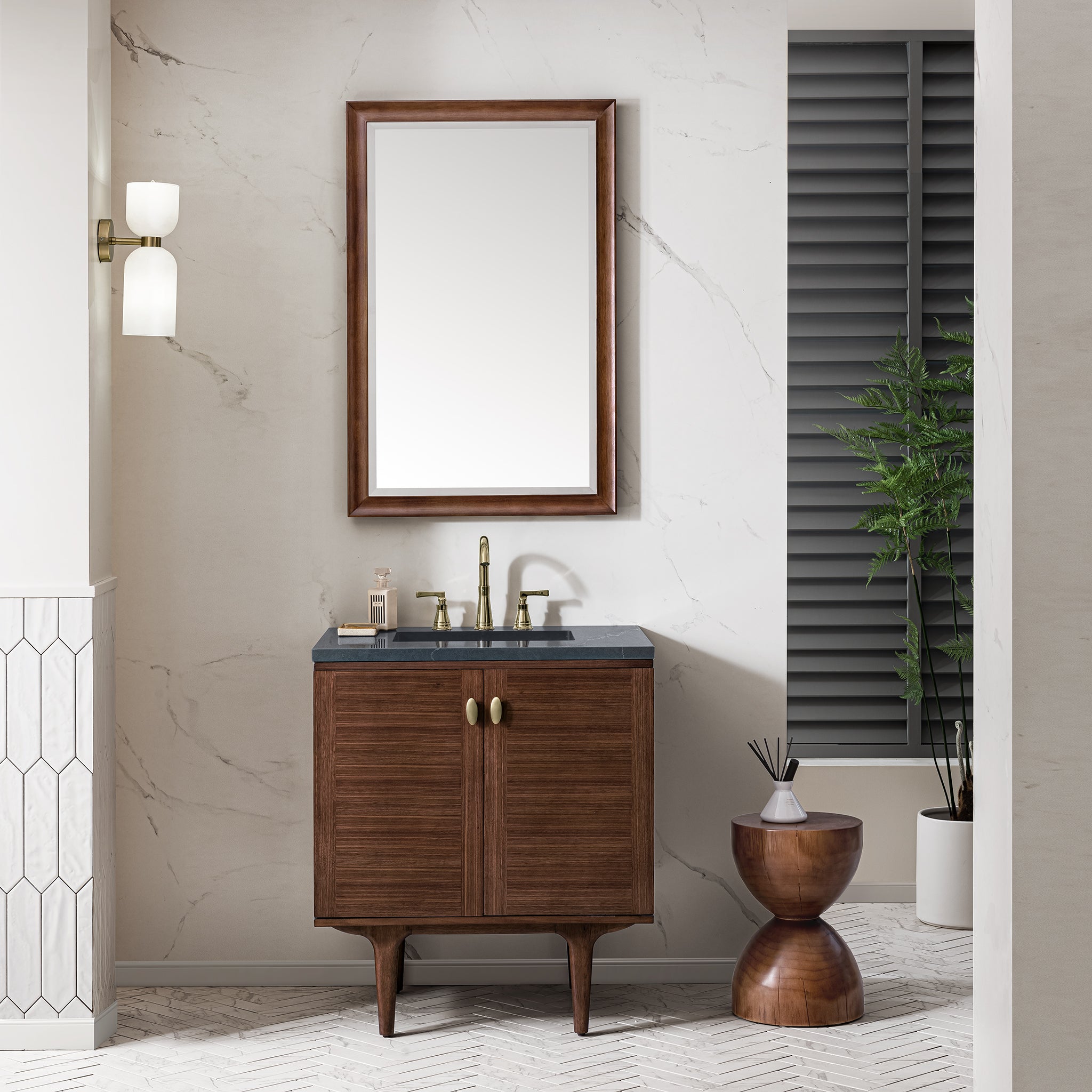 Amberly 30 Inch Single Vanity with Mid Century Walnut Finish & 3CM Charcoal Soapstone Top - Perfect for Bathroom Remodeling and Modern Home Decor