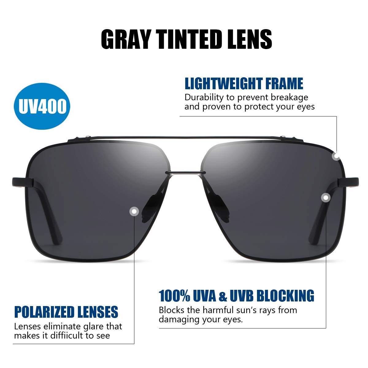 Polarized Aviator Sunglasses for Men - Oversized Square Metal Frame - Gradient UV400 Protection Lenses - Perfect for Driving, Fishing & Outdoor Activities