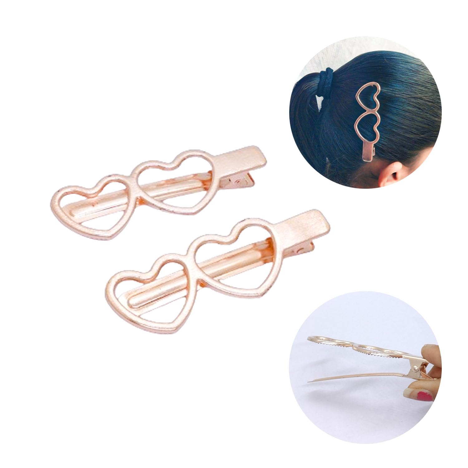 EVOGIRL Double Heart French Style Metal Hair Clips - Elegant Retro Rose Gold Hair Barrettes (8cm, 2 Pack) for Women & Girls - Perfect for Weddings, Parties & Everyday Styling