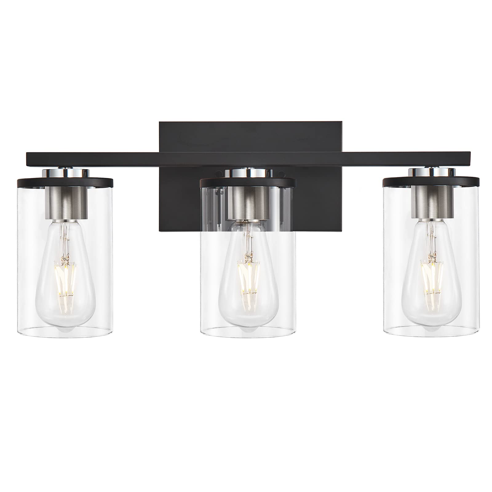 Industrial Bathroom Light Fixture - 3-Light Vanity Lighting with Clear Glass Shades, Black & Brushed Nickel Finish - Perfect for Bathroom, Hallway, and Entryway Lighting