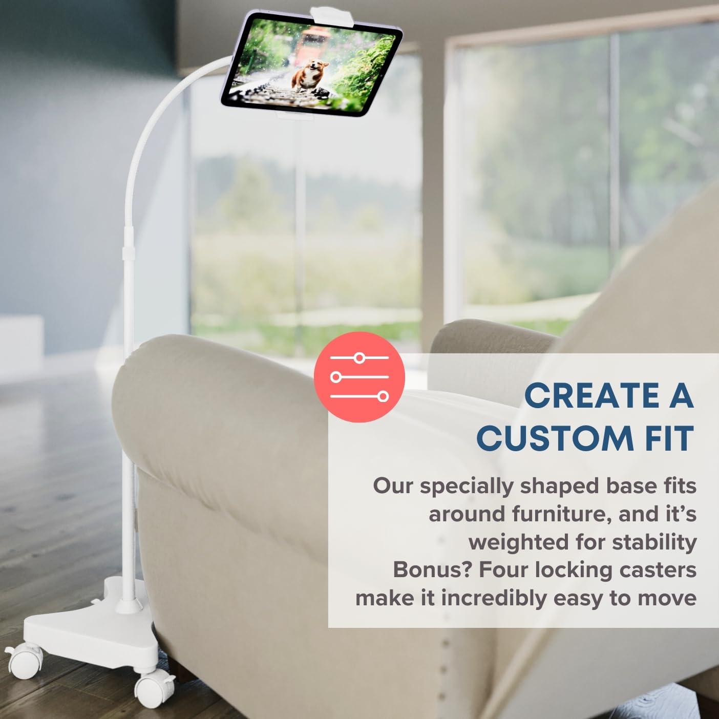 Adjustable Height Floor Stand with Wheels for Tablet & Phone - Sturdy Gooseneck Holder Mount with Stable Base - Universal Compatibility for All Smartphones & Tablets (4-13 inch) - White - Perfect for Home Office, Kitchen, Bedroom & Studio Use