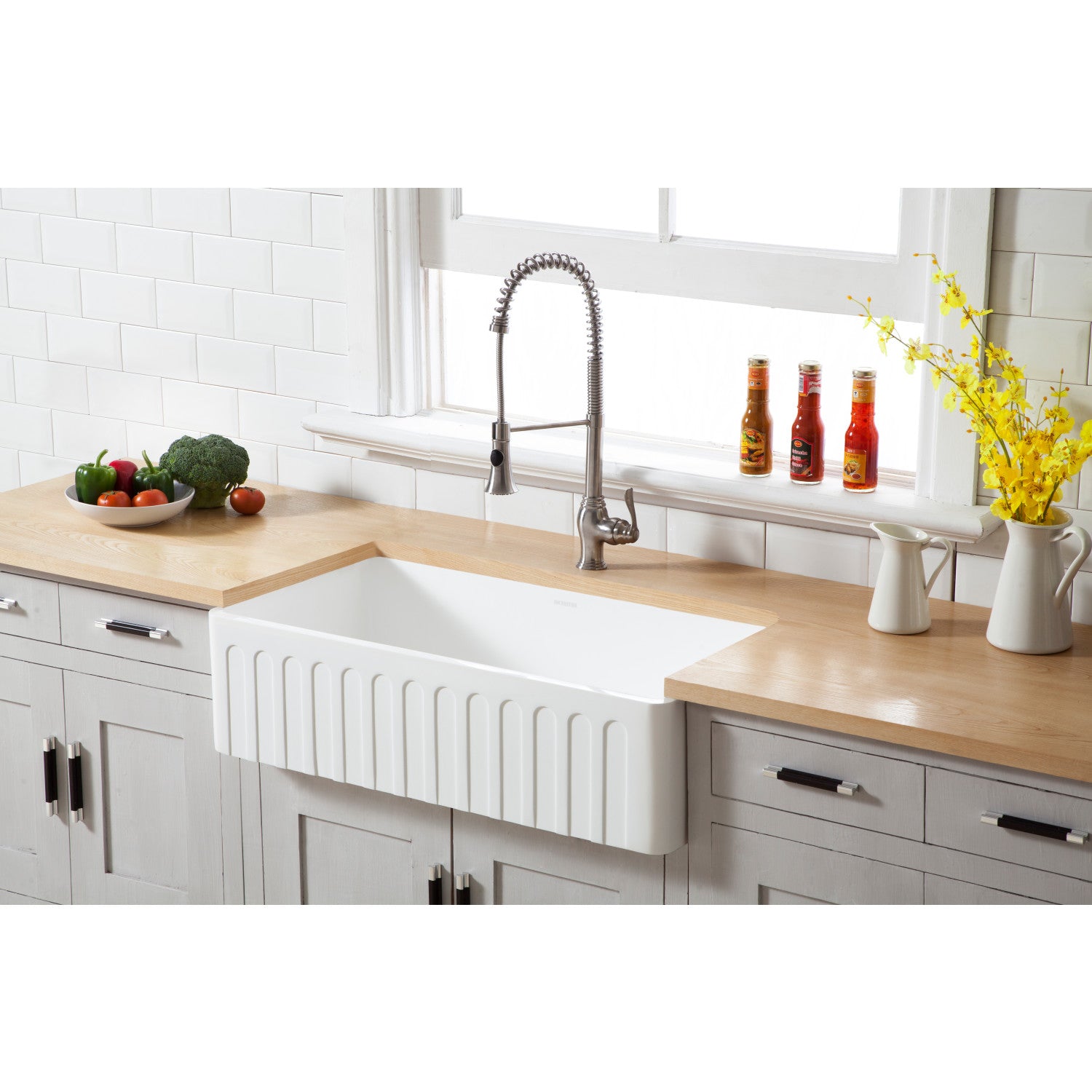 Arcticstone 36 Inch White Farmhouse Kitchen Sink - Matte White Solid Surface Single Bowl Apron Front Sink with Strainer - Perfect for Modern Farmhouse & Rustic Kitchen Designs