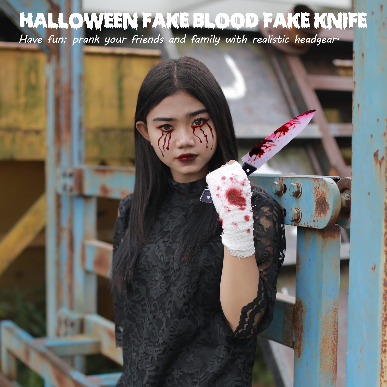 2PCS Halloween Fake Knife Prop Set with Fake Blood - Scary Bloody Knife for Halloween Costume, Scream Party Decor, April Fool's Prank - Perfect for Horror Themed Parties & Cosplay Accessories
