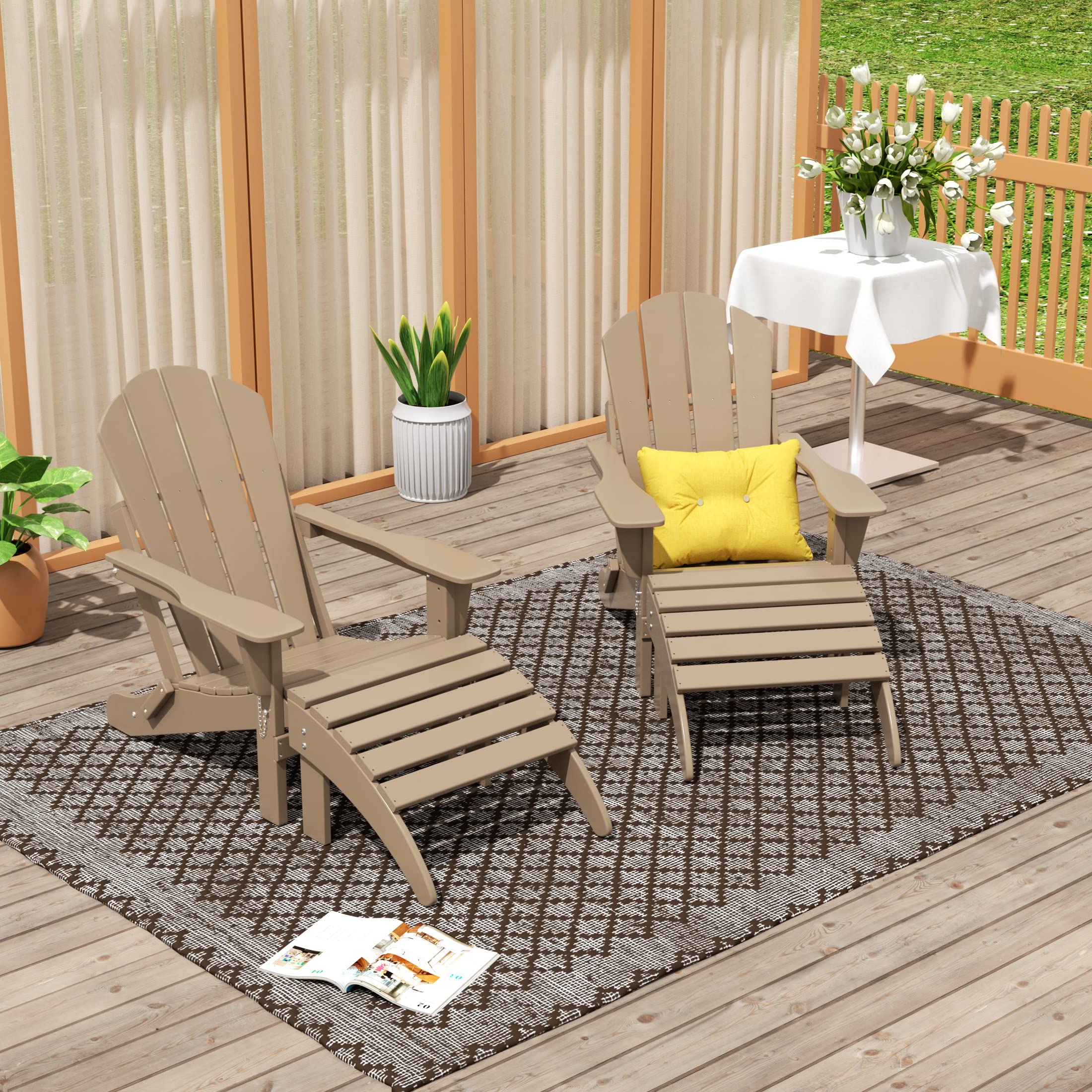 WO Home Furniture 2-Piece Adirondack Chair and Ottoman Set - Classic Outdoor Patio Furniture in Weathered Wood Finish - Perfect for Backyard, Garden, Deck and Poolside Relaxation