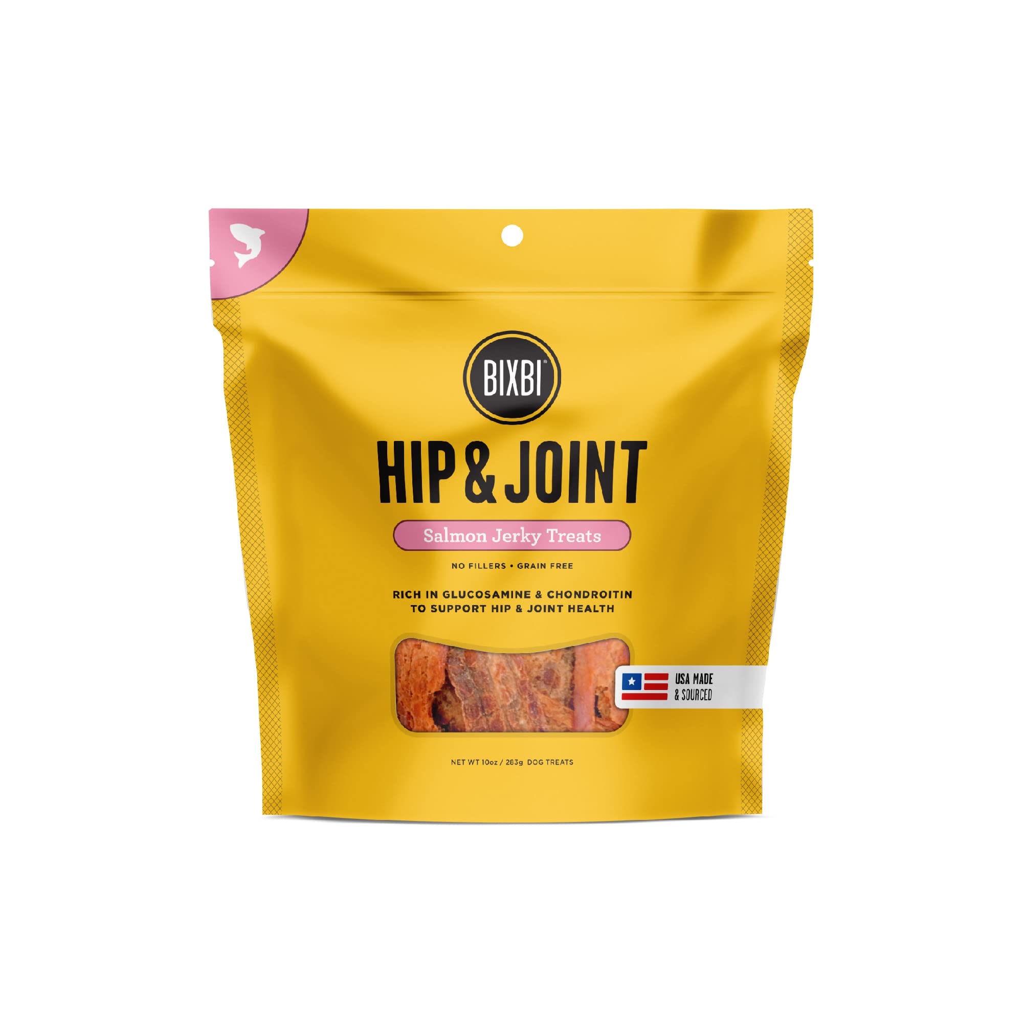 BIXBI Hip & Joint Support Salmon Jerky Dog Treats, 10 Oz - Grain Free, High Protein Dog Chews with Glucosamine & Chondroitin - Antioxidant Rich, USA Made, No Fillers - Perfect for Senior Dogs & Joint Health Maintenance
