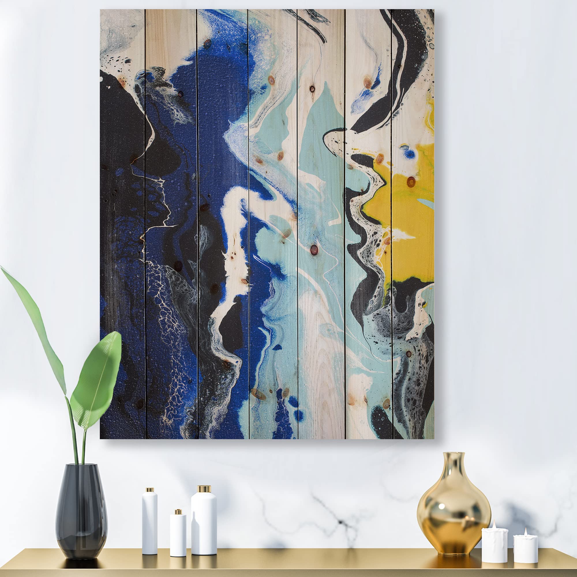 Abstract Yellow and Blue Waves Modern Wood Wall Art - Large Contemporary Wood Wall Decor Panels Printed on Natural Pine - Perfect for Living Room, Bedroom, or Office Decor