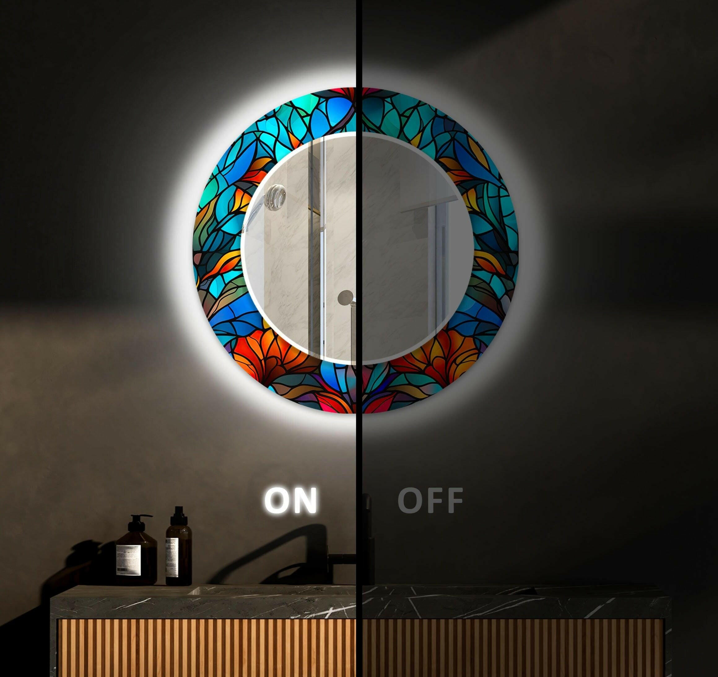 Blue Orange Leaf Wall Mirrors - Decorative Round Mirror for Living Room, Bedroom, Bathroom - Boho Home Decor Accent Piece