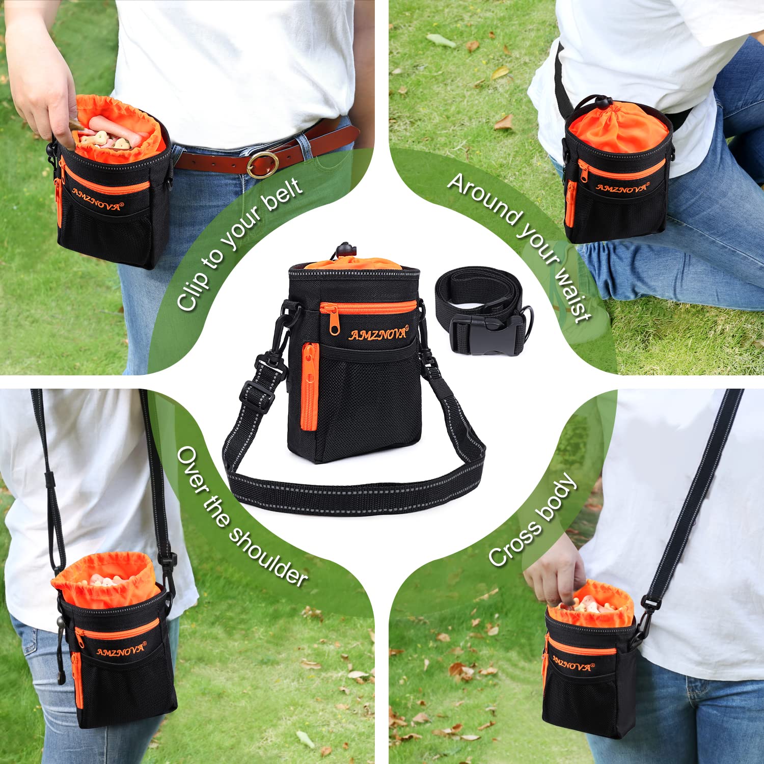 **AMZNOVA Large Dog Treat Pouch - Adjustable Waist & Shoulder Strap Training Bag with Built-in Poop Bag Dispenser - Perfect for Dog Walking, Training & Outdoor Adventures (Black)**