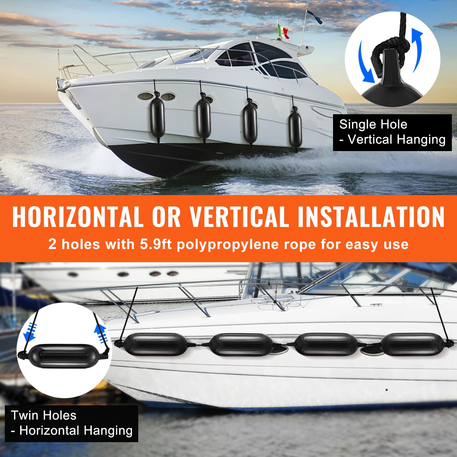 VEVOR Inflatable Boat Fenders - Heavy Duty Ribbed Marine Dock Bumpers with Center Holes & Air Pump for Safe Docking and Mooring | Perfect for Yachts, Sailboats, and Powerboats