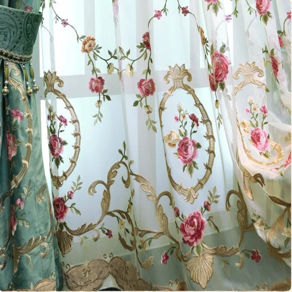 Luxury Pink Floral Embroidered Sheer Curtains - White - Elegant Window Drapes for Living Room, Bedroom & Home Decor