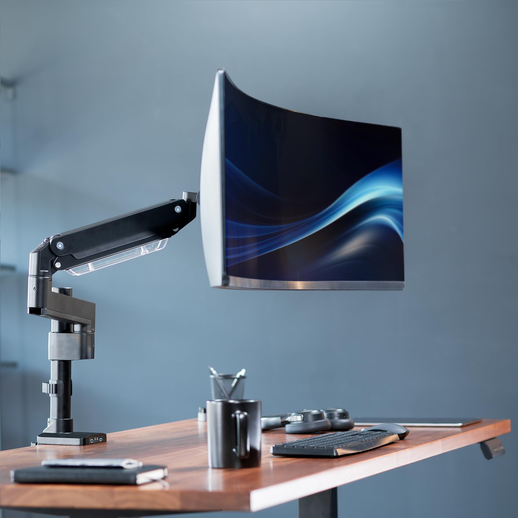 VIVO Premium Aluminum Extended Monitor Arm for Ultrawide Monitors up to 49 inches, 33 lbs Capacity - Single Desk Mount Stand with USB Port, Pneumatic Height Adjustment, Max VESA 100x100 (Black, STAND-V101GTU) - Perfect for Home Office, Gaming Setup, and Workspace Ergonomics