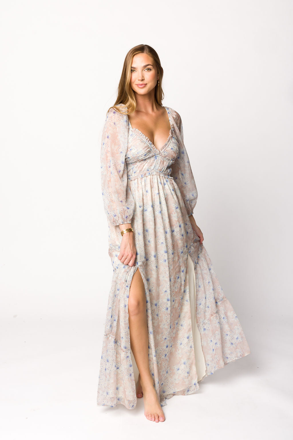 Bump Friendly Daphne Long Sleeve Maxi Dress - Floral Maternity Dress in Beige & Blue, Inclusive Sizing XS to 3XL | Perfect for Pregnancy, Nursing, and Special Occasions