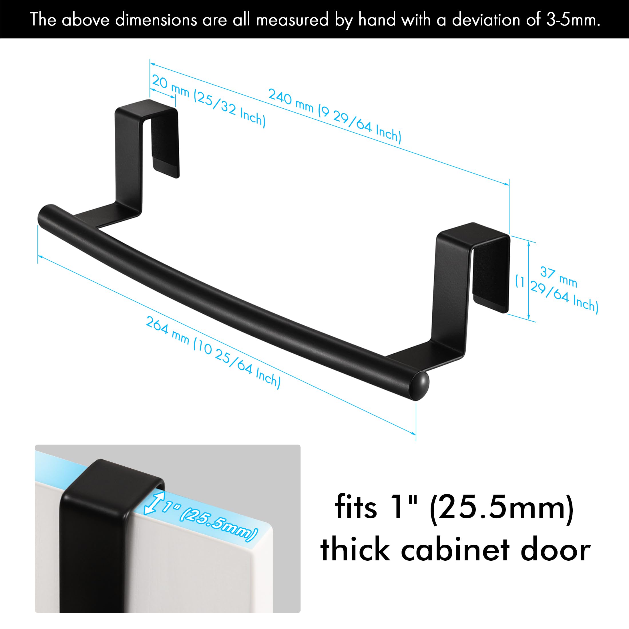 Over The Door Towel Rack - 2 Pack Matte Black Cabinet Towel Bar for Kitchen & Bathroom | Space-Saving Dish Towel Holder | Perfect for Small Spaces, Apartments, RVs and Dorm Rooms