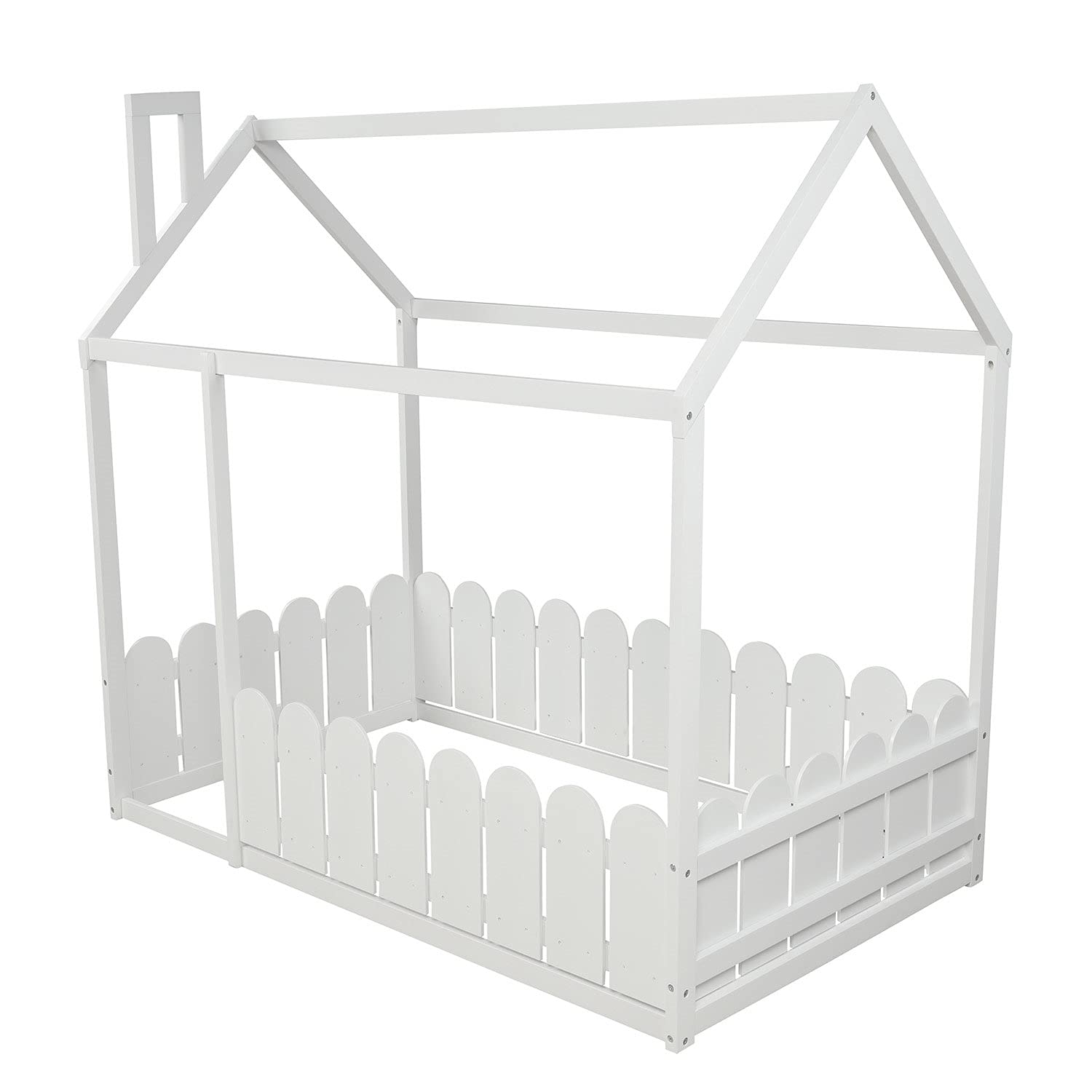 House-Shaped Kids Bed Frame - Twin Size Wooden Floor Bed with Safety Fence for Toddlers, Children & Teens - Ideal for Montessori Bedrooms & Playrooms (White, Slats Not Included)