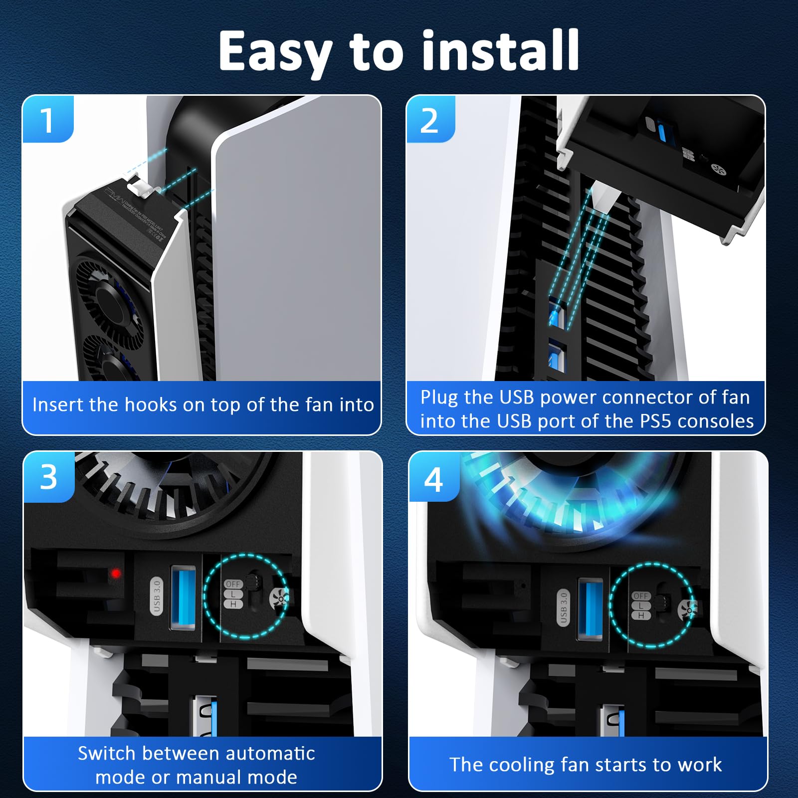 PS5 Cooling Fan with LED Lights & Auto Temperature Sensor - Quiet USB 3.0 Cooling System for PS5 Digital/Disc Edition - Prevent Overheating for Long Gaming Sessions