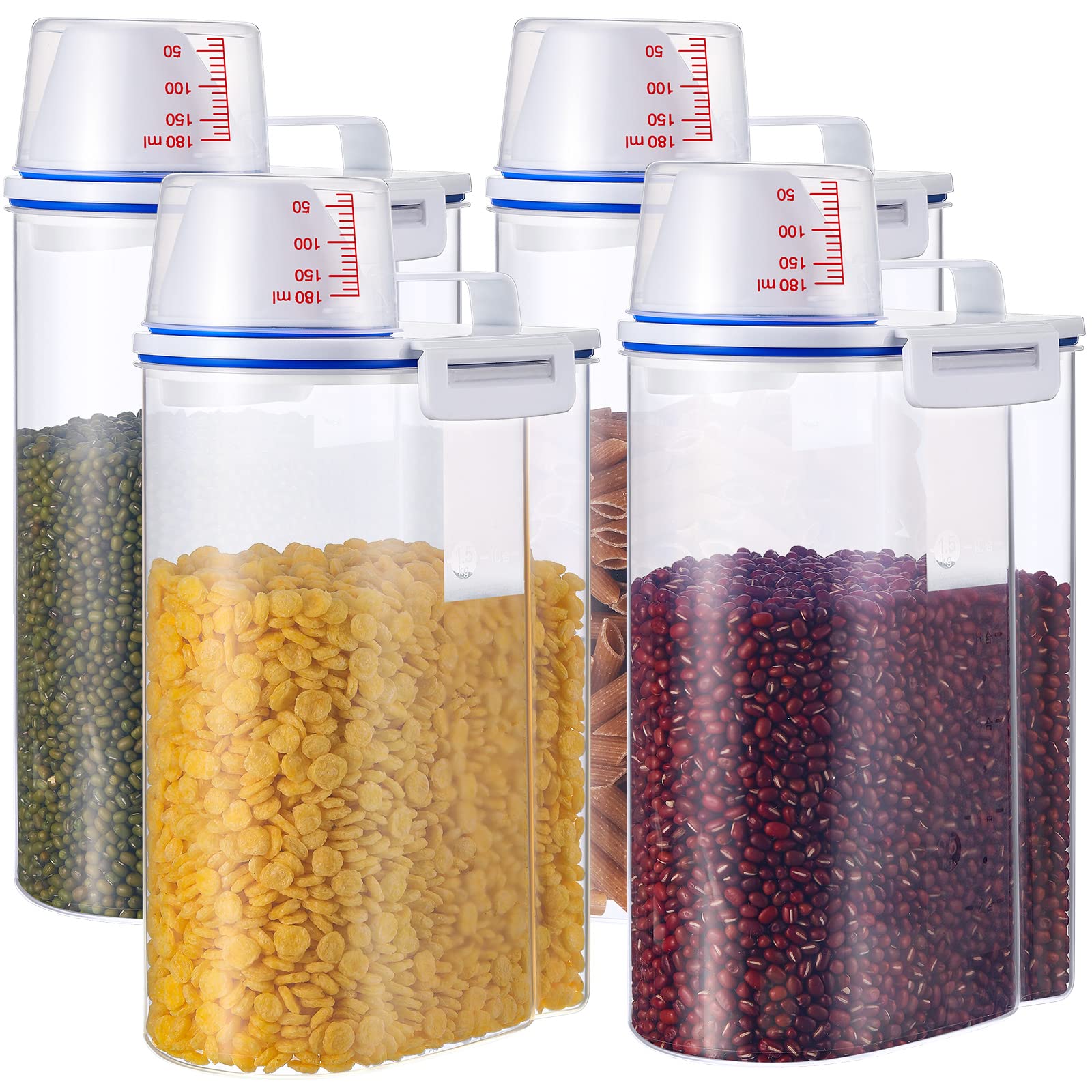 4-Piece Rice Storage Containers with Lids & Measuring Cup - 2.5L Airtight Plastic Cereal Dispenser for Flour, Rice, Pasta - Perfect for Kitchen Pantry Organization & Bulk Food Storage