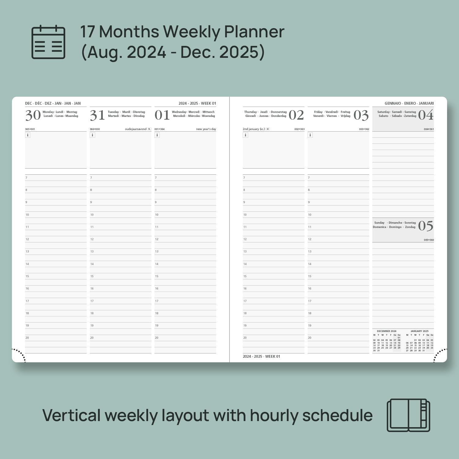 POPRUN 2025 Weekly Planner - 17 Month Large Diary (Aug 2024-Dec 2025) with Soft Cover, 26.5x21.5cm Vertical Layout - Perfect for Business, School & Personal Organization (Black)