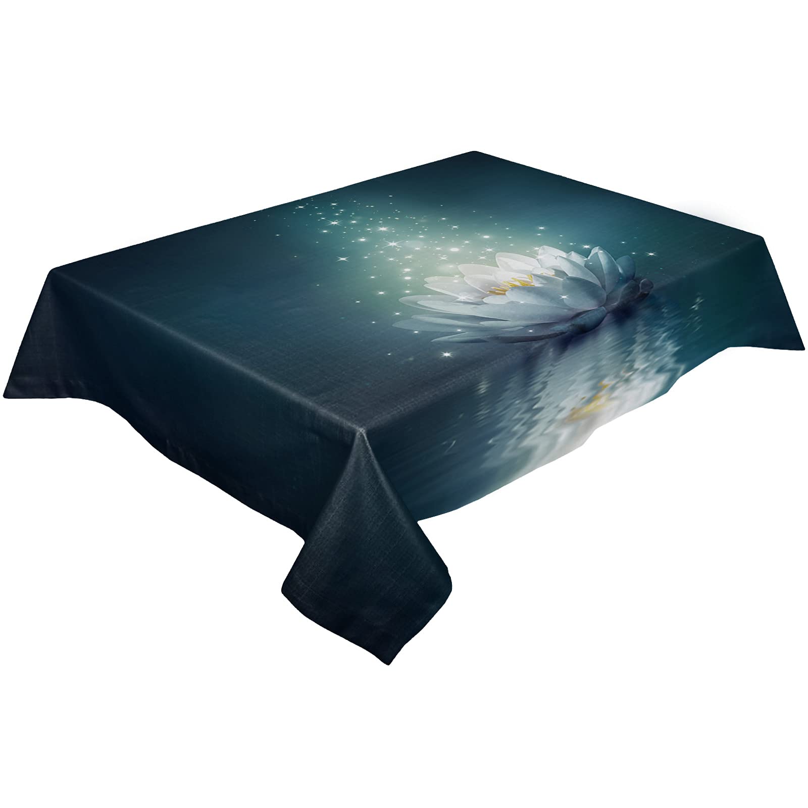Waterproof Wrinkle-Resistant Stain-Proof Tablecloth 60x140 Inch - Indoor/Outdoor Dining Table Cover with Lotus Flower Abstract Retro Design in Summer Blue Green - Perfect for Dinner Parties, Picnics, and Outdoor Events