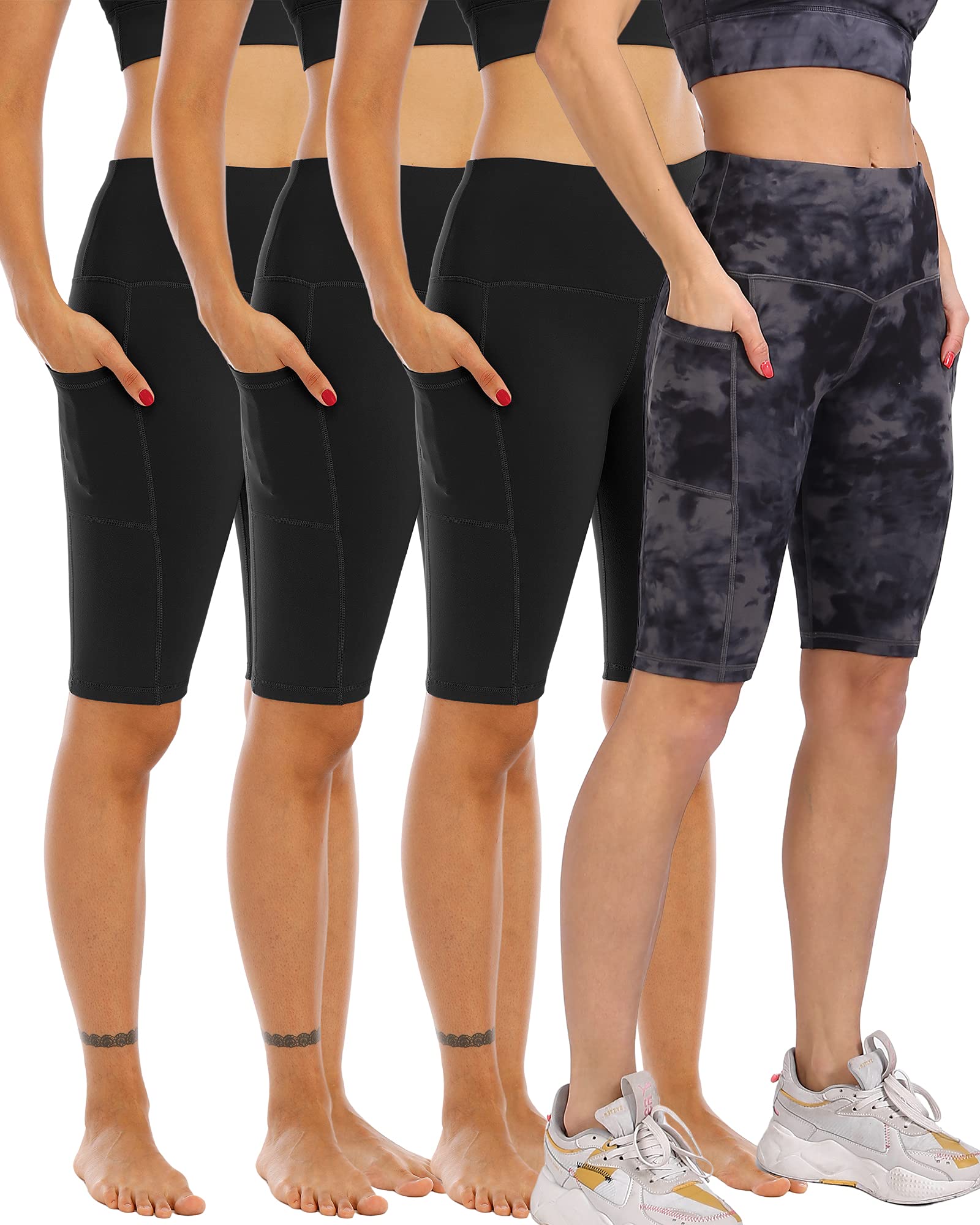 WHOUARE Women's High Waisted Yoga Shorts 4-Pack with Pockets - Tummy Control Workout Shorts for Running, Gym & Biker - Perfect for Yoga, Cycling & Active Lifestyle