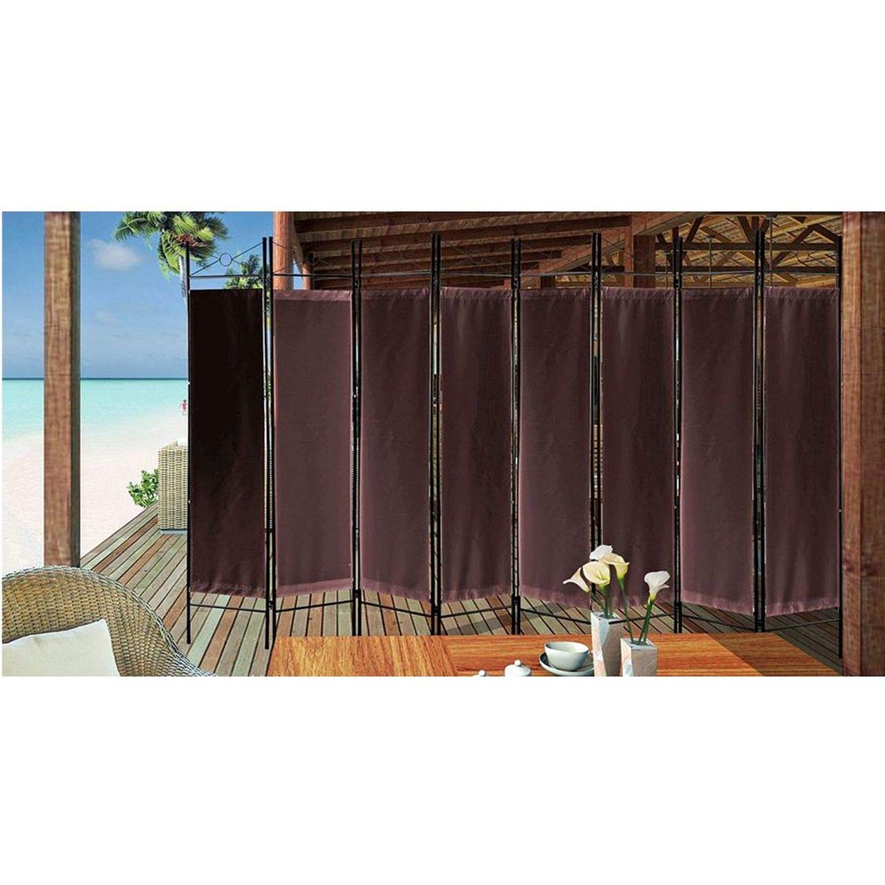 Legacy Decor 8-Panel Metal & Woven Fabric Room Divider with Two-Way Hinges in Brown - Perfect for Home Office, Living Room, and Bedroom Privacy