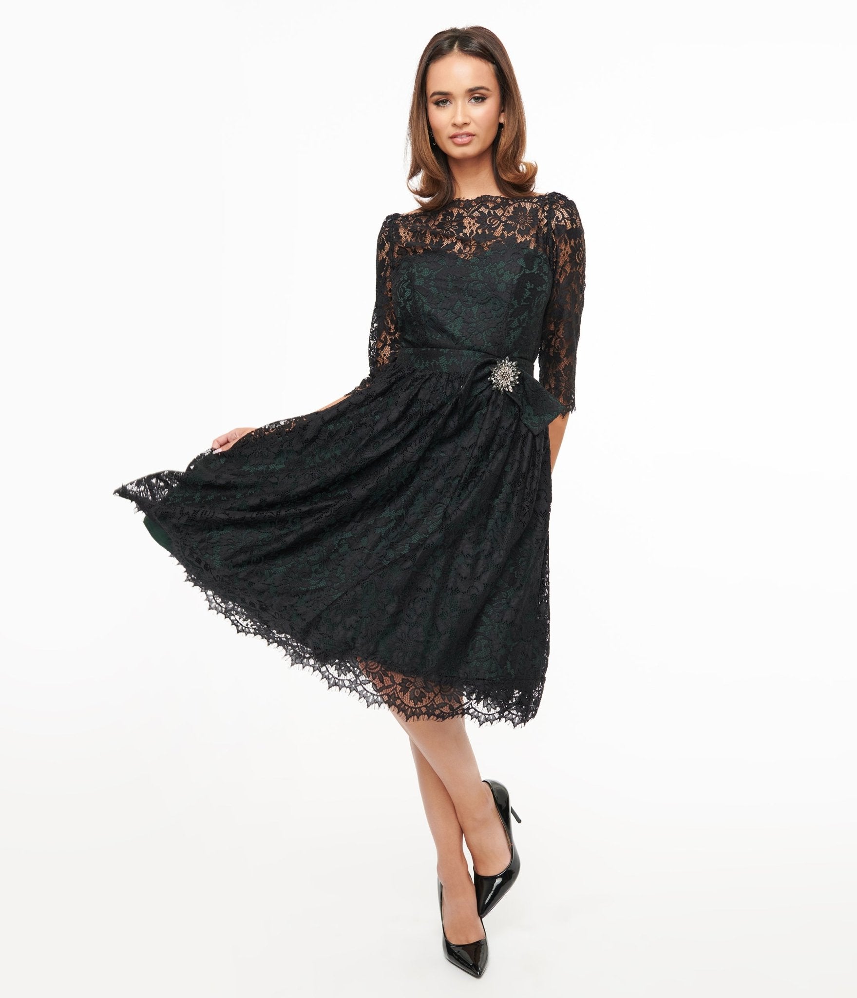 Vintage 1940s Black Lace Swing Dress - Retro Tea Length Cocktail Dress for Women | Perfect for Gatsby Parties, Swing Dancing & Vintage Weddings