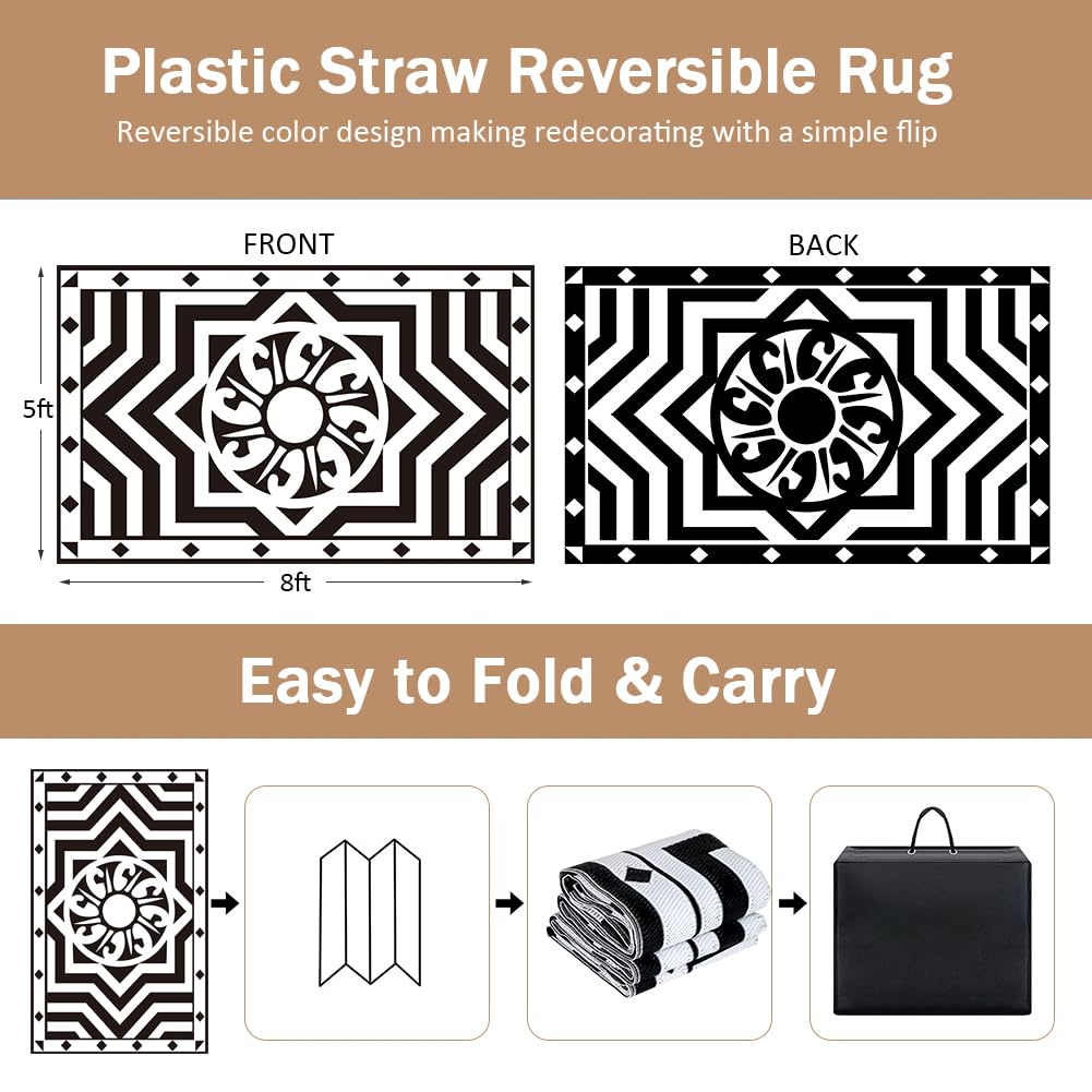 5'x8' Reversible Outdoor Rugs - Waterproof Plastic Straw Patio Mat for Indoor/Outside Use, RV, Deck, Picnic, Beach, Camping - Black & White | Perfect for Backyard, Poolside & Trailer Living
