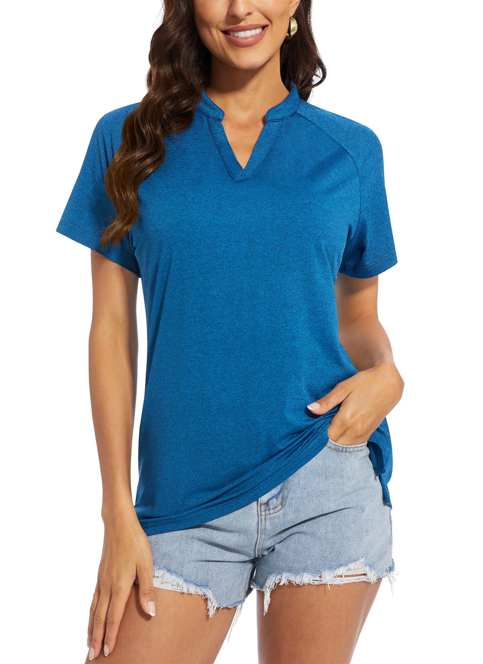 TACVASEN Women's UPF 50+ Tennis Polo Shirt - Collarless Quick Dry Golf & Workout Top for Running, Yoga & Outdoor Activities - Lightweight Athletic Tee in Blue