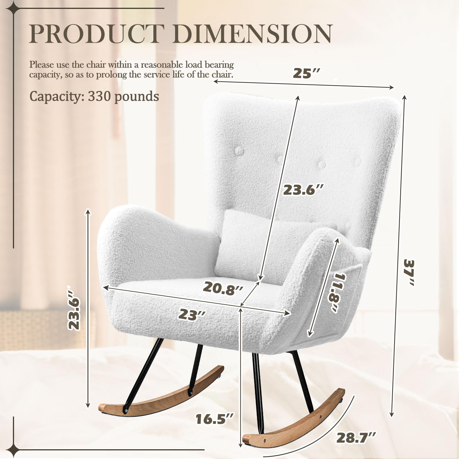 Waleaf Teddy Upholstered Rocking Chair - High Backrest Nursery Glider with Padded Seat, Comfortable Nursing Chair for Bedroom, Living Room & Nursery (Ivory) | Perfect for Breastfeeding, Reading Nook & Relaxation