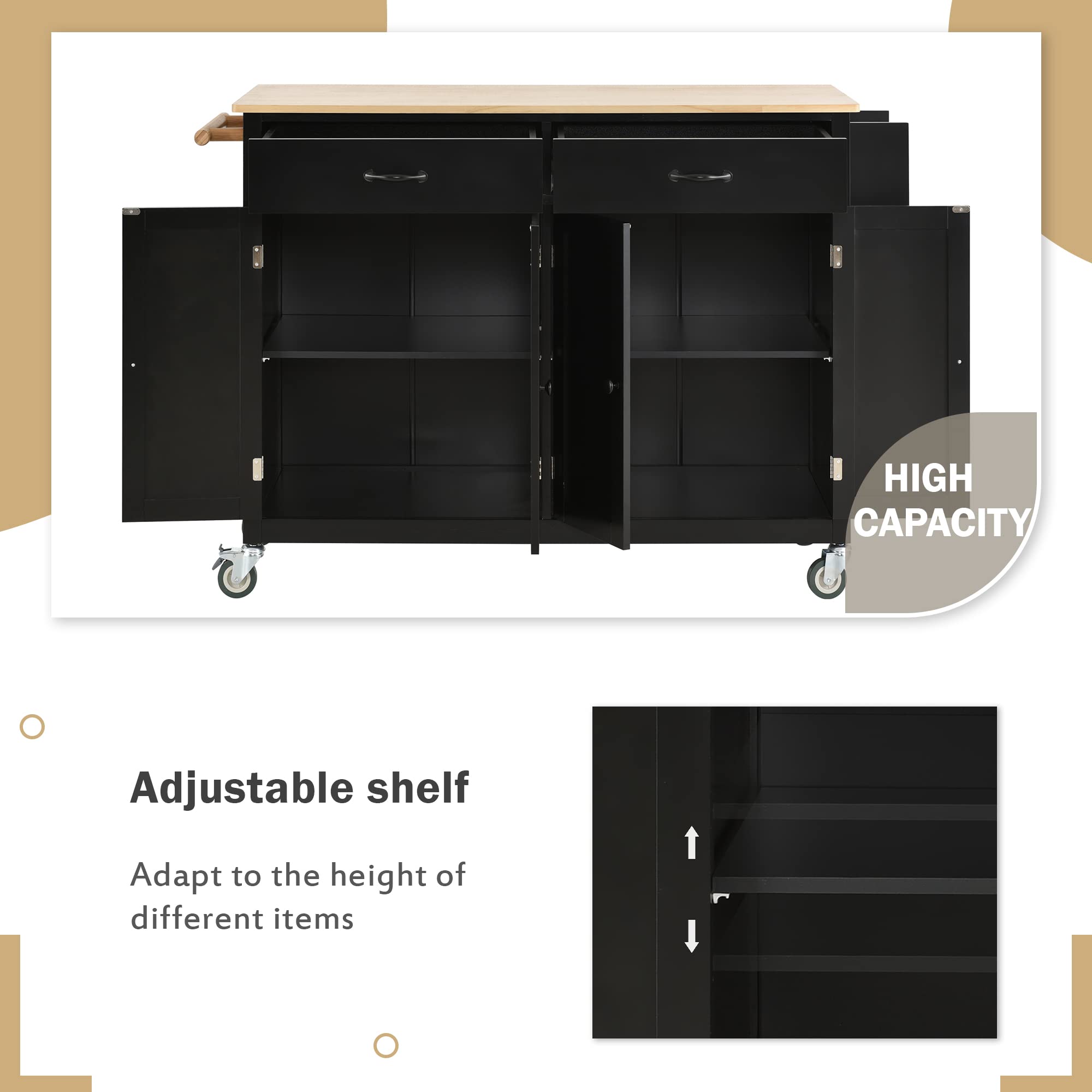Solid Wood Kitchen Island Cart with Wheels & Storage - 54.3