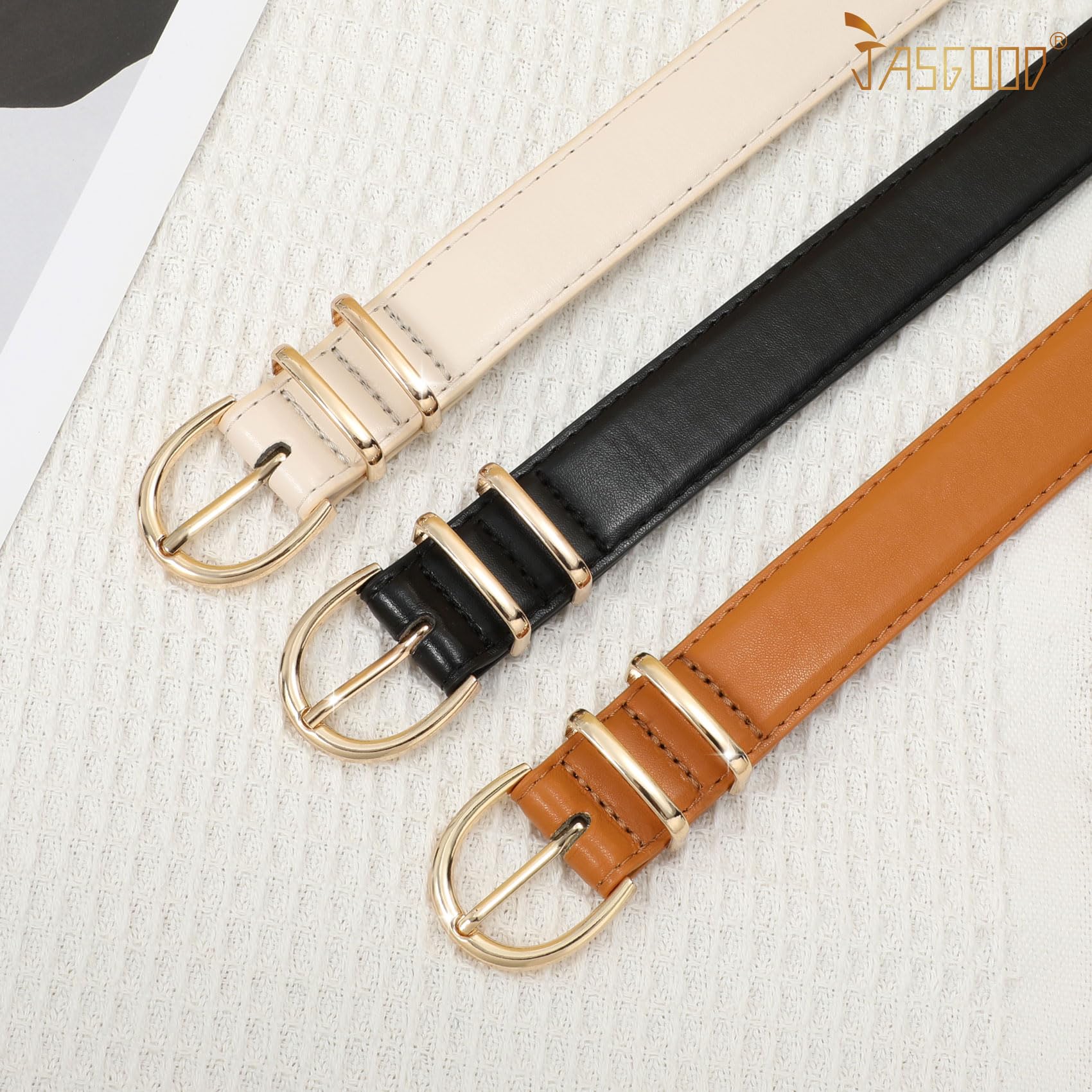 JASGOOL 3 Pack Genuine Leather Belts for Women - Stylish Gold Buckle Waist Belts for Jeans & Pants | Perfect for Casual Outfits, Office Wear & Everyday Fashion