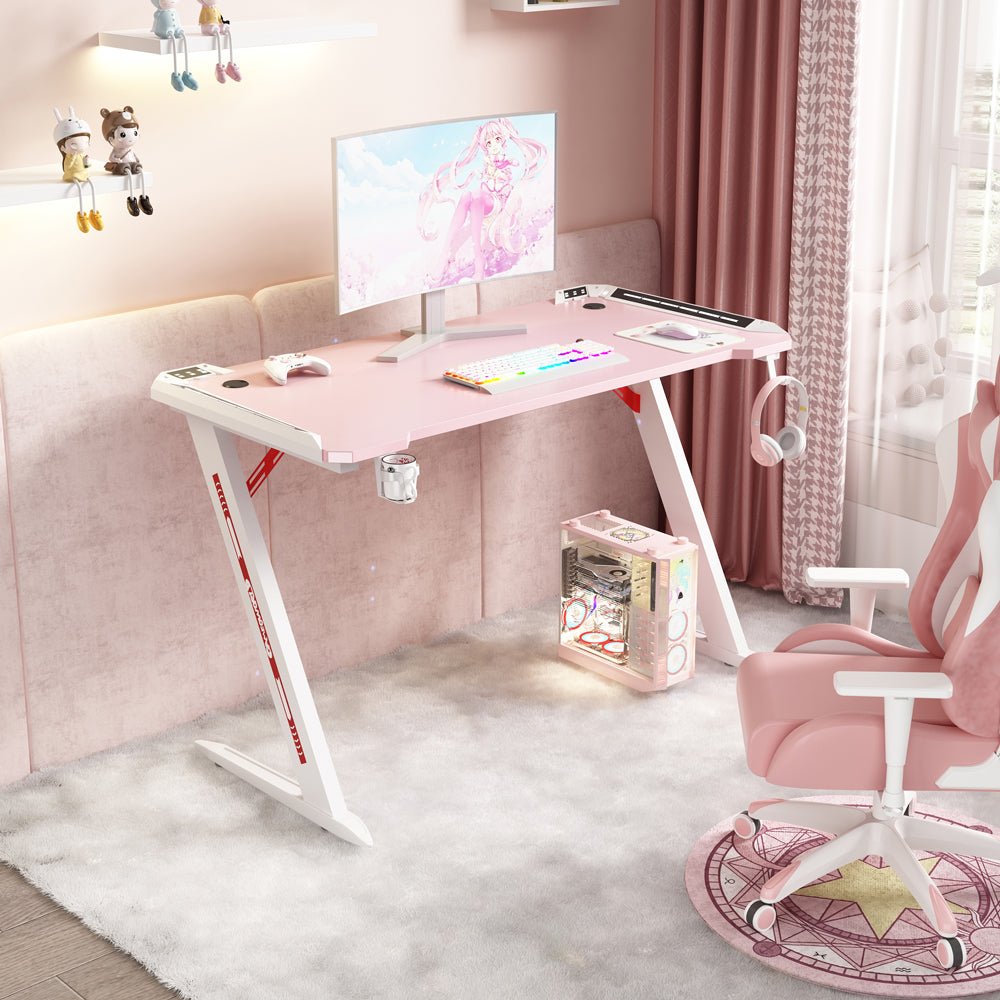 140cm RGB Gaming Desk with LED Lights - Carbon Fiber Z-Shaped Pink Computer PC Table for Home Office & Gaming Setup | Perfect for Esports, Streaming & Workstations